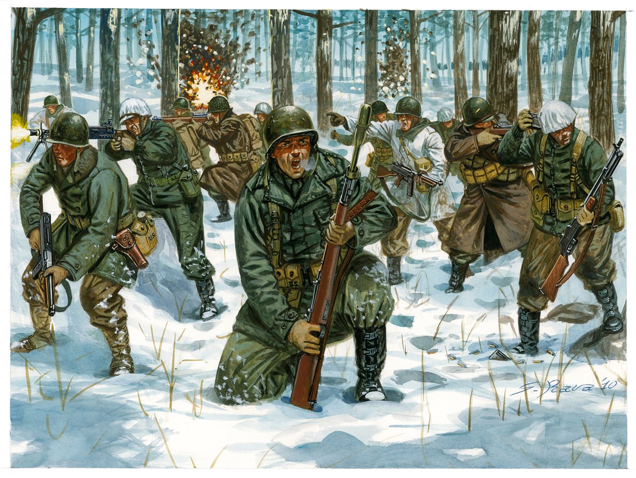 Zweiter Weltkrieg: Amerikanische Offensive während der Schlacht in den Ardennen, Dezember 1944 (Illustration von Giuseppe Rava) von Giuseppe Rava