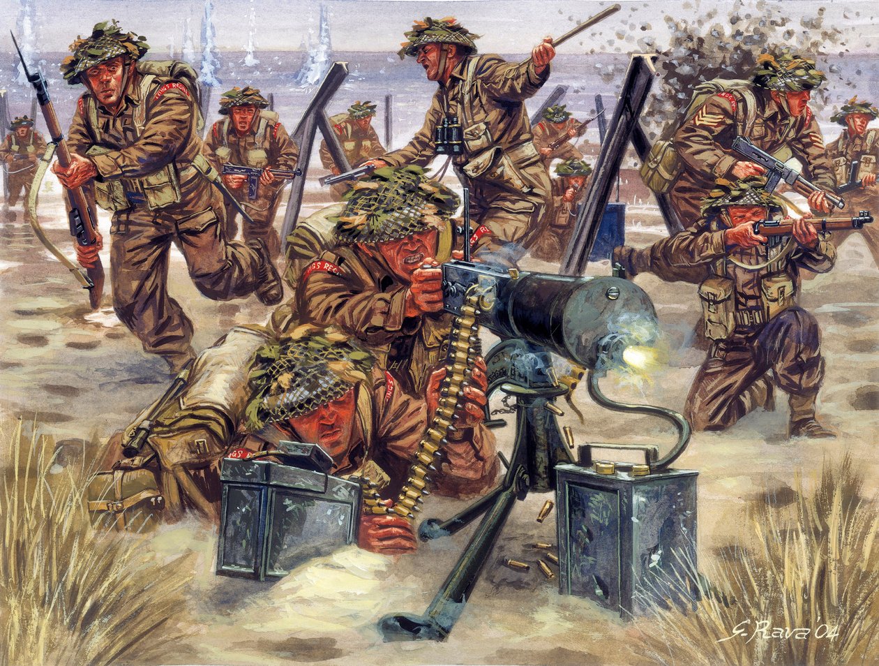 Zweiter Weltkrieg: Landung in der Normandie im Juni 1944, englische Soldaten - WWII: Landung in der Normandie, britische Truppen, 6. Juni 1944 - Illustration von Giuseppe Rava von Giuseppe Rava