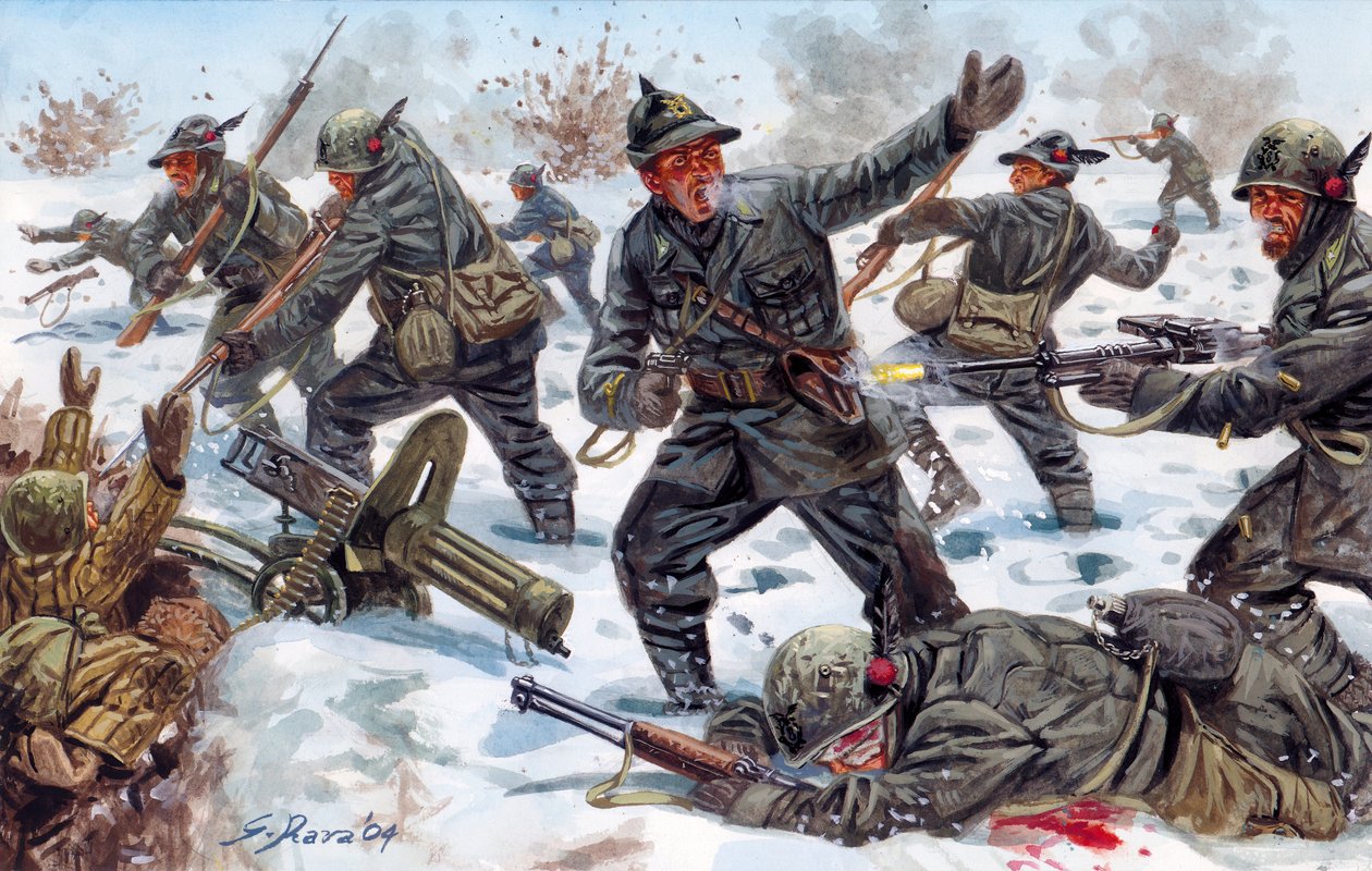 Zweiter Weltkrieg, Russische Front: Italienische Gebirgsjäger in Russland im Januar 1943 - Illustration von Giuseppe Rava von Giuseppe Rava