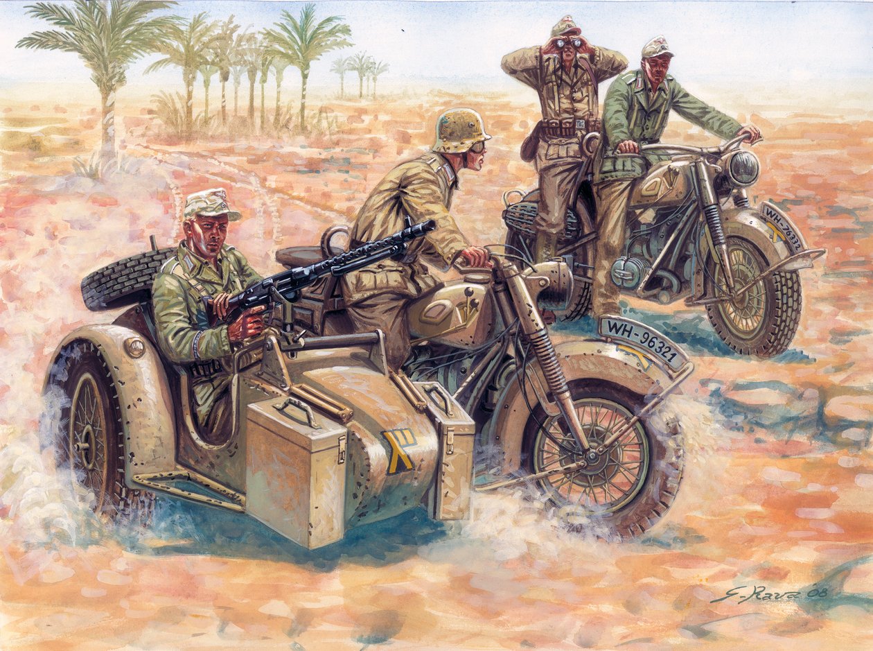 Zweiter Weltkrieg: das Deutsche Afrikakorps (DAK Afrika Korps) rollt in der libyschen Wüste in BMW-Seitenwagen von Giuseppe Rava