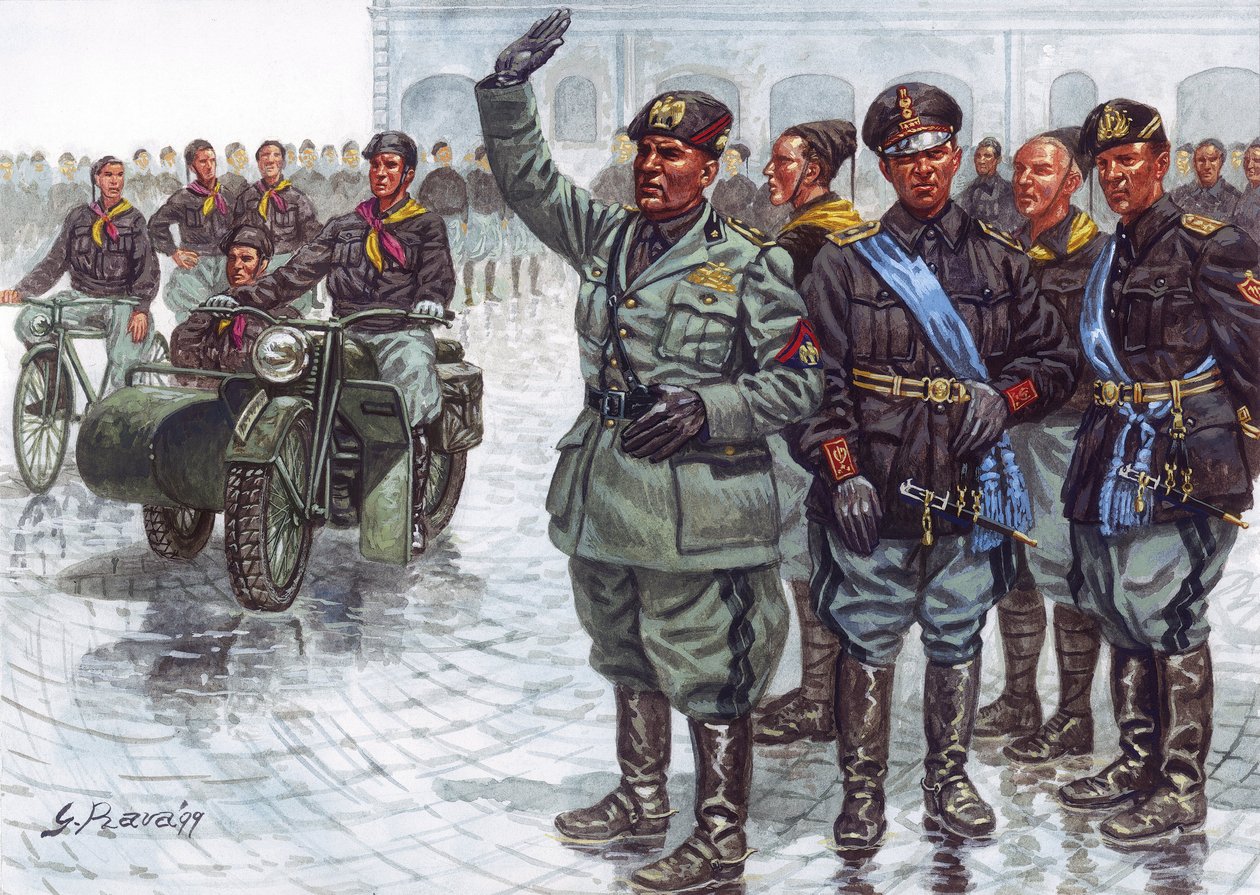 Der Duce Benito Mussolini (1883-1945), begleitet von seinen Schwarzhemden, beim faschistischen Gruß während einer Militärparade - Illustration von Giuseppe Rava von Giuseppe Rava