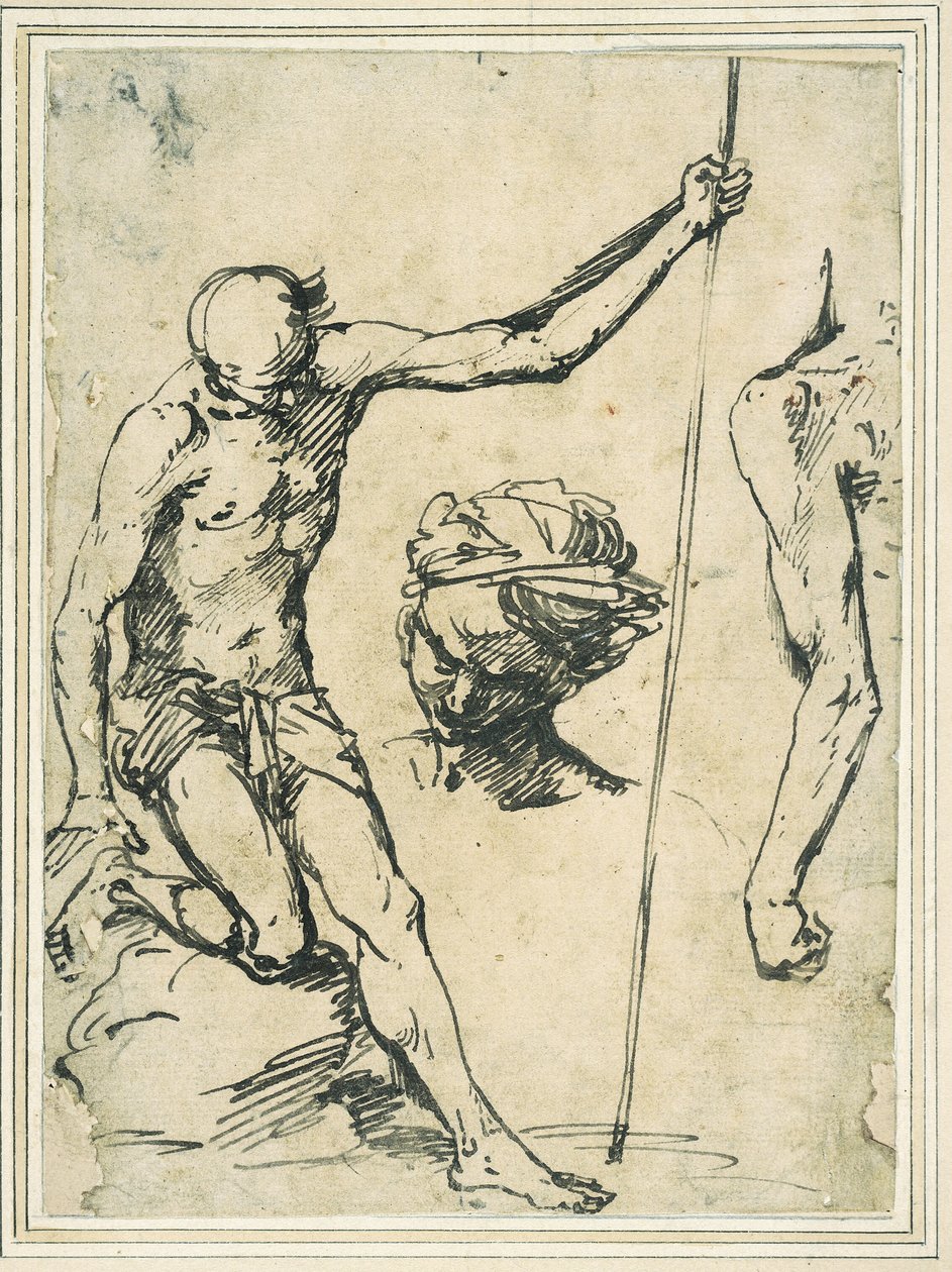 Figurenstudien: Mann mit Stange, Kopf eines Mannes mit Turban und ein linker Arm von hinten gesehen von Giuseppe Ribera