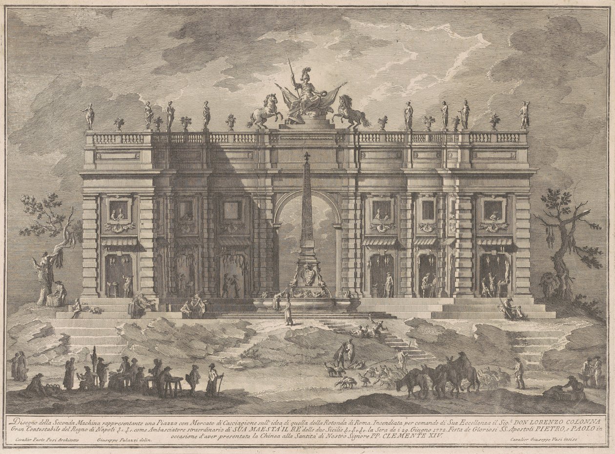 Die zweite Maschine für die Chinea von 1772: Ein Platz mit einem Spielmarkt und dem Pantheon-Brunnen von Giuseppe Vasi, after Giuseppe Palazzi, after Paolo Posi