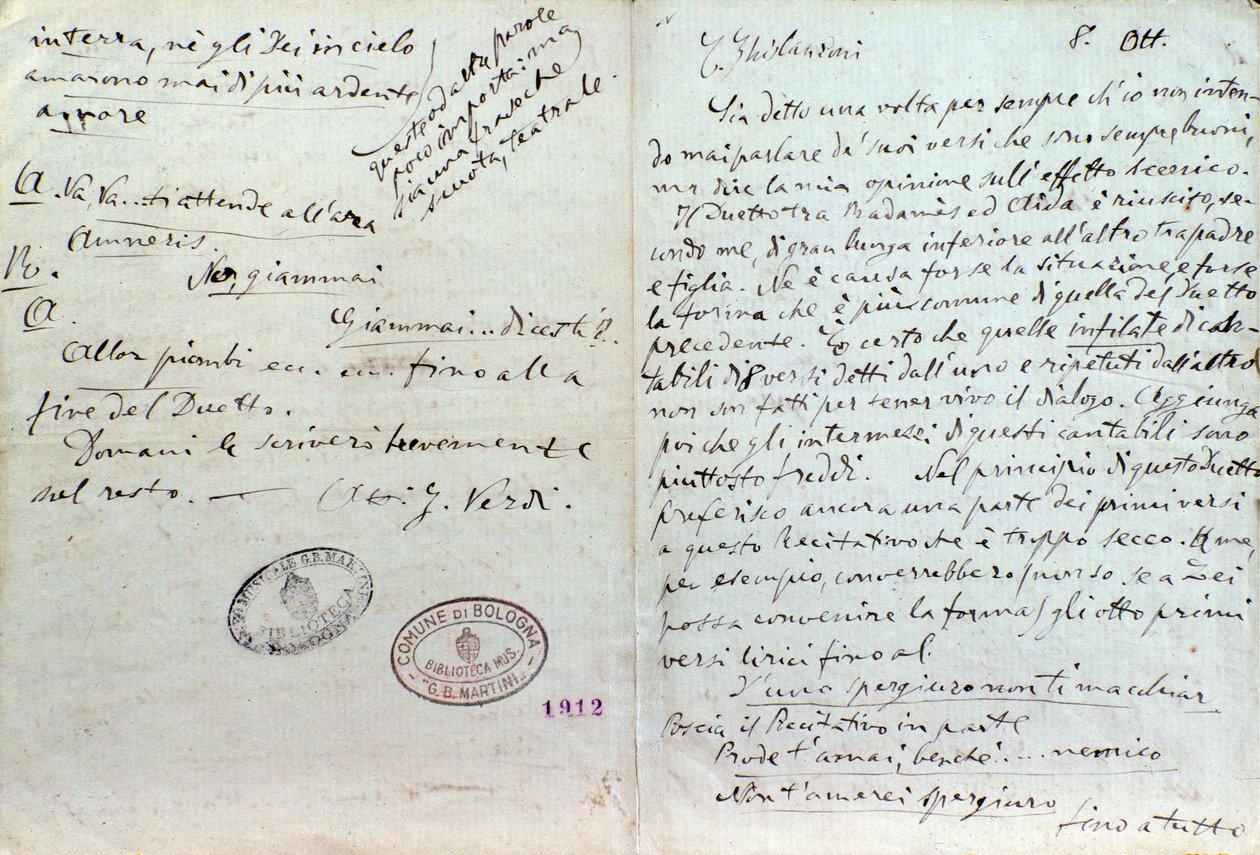Handgeschriebener Brief von Giuseppe Verdi an Aida-Librettist Antonio Ghislanzoni von Giuseppe Verdi