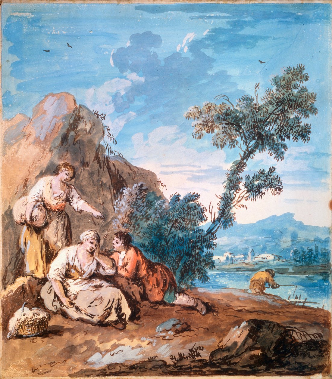 Drei Bauern ruhen sich an einem Flussufer aus, ca. 1750 von Giuseppe Zais