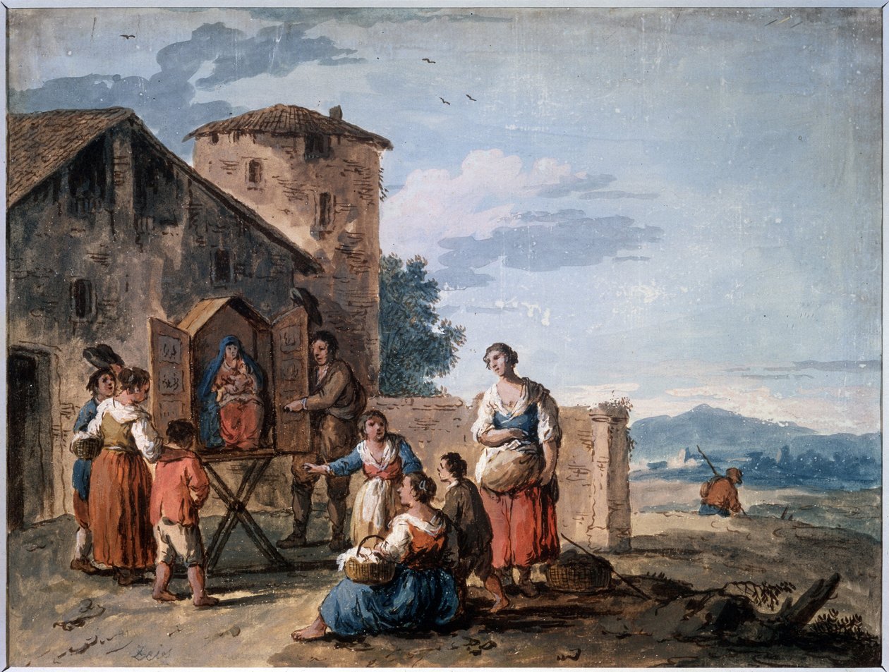 Eine Gruppe von Bauern vor einem Altar mit einer Madonna-Statue von Giuseppe Zais
