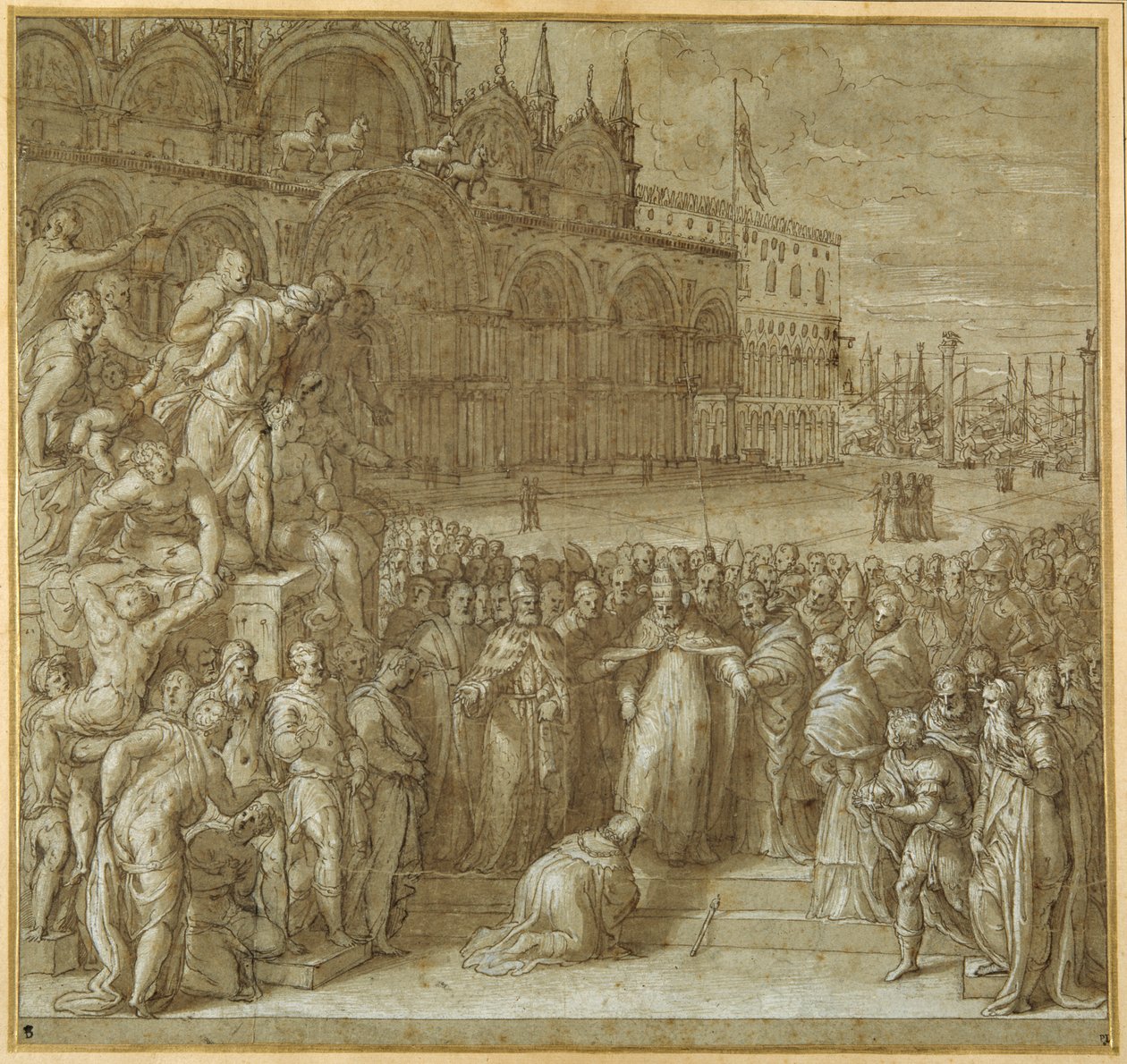 Die Versöhnung zwischen Papst Alexander III. und Friedrich Barbarossa in Anwesenheit des Dogen Sebastiano Ziani von Giuseppe della Porta Salviati