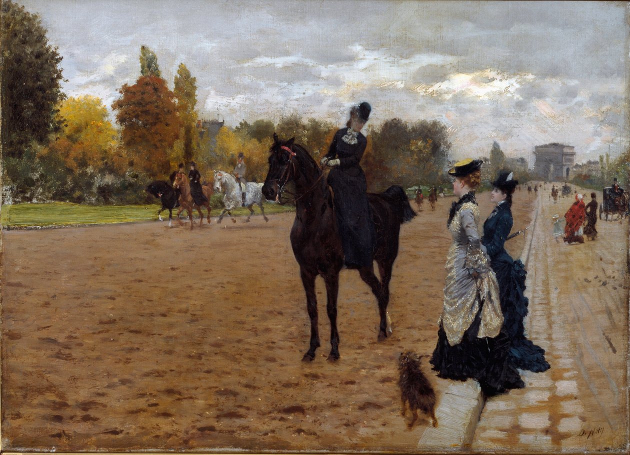 Die Amazone Cavaliere spricht mit Spaziergängern auf der Avenue Foch in Paris von Giuseppe or Joseph de Nittis