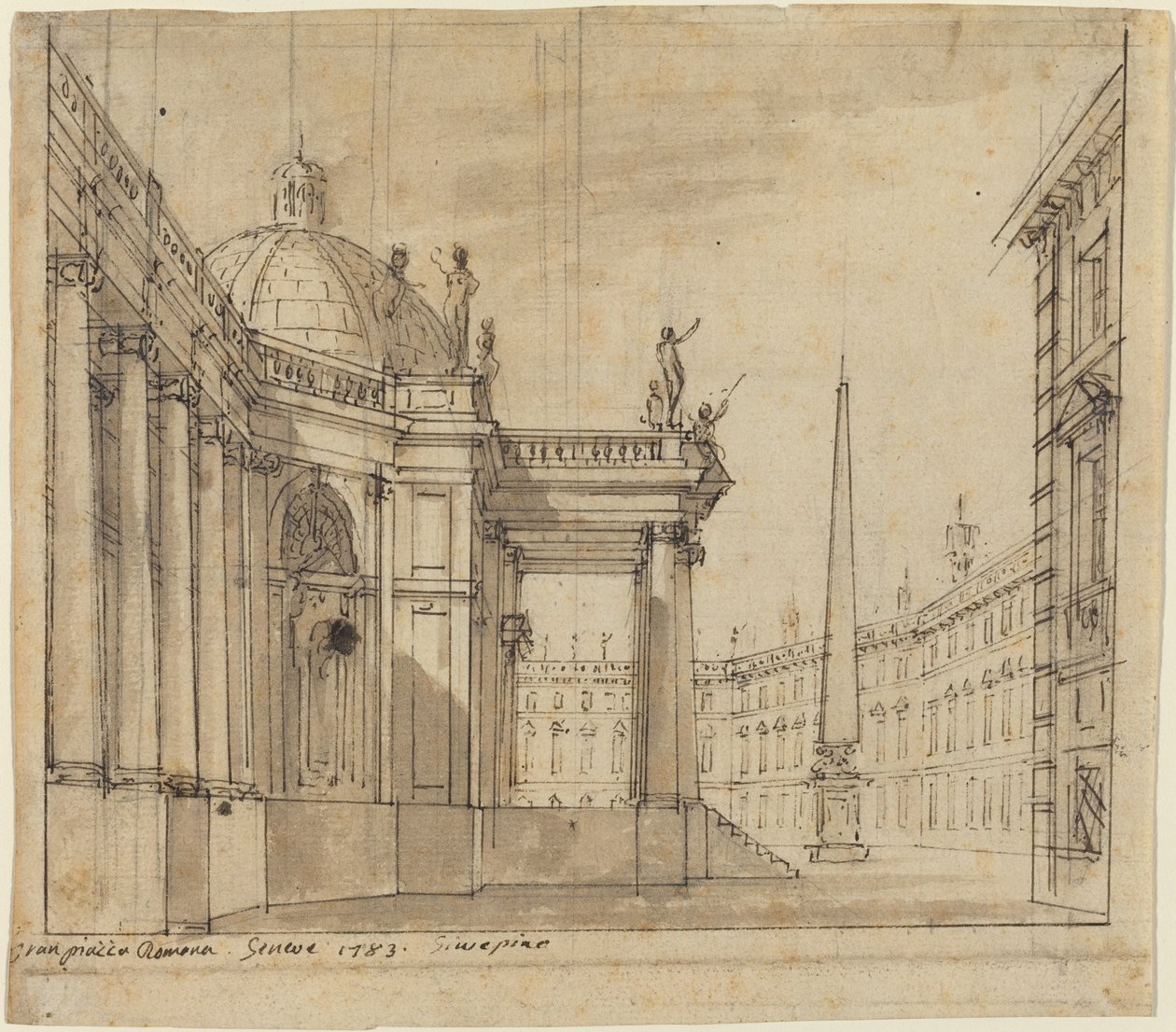 Bühnenbild: Eine Piazza mit einer Kuppelkirche und einem Obelisken von Giuseppino Galliari