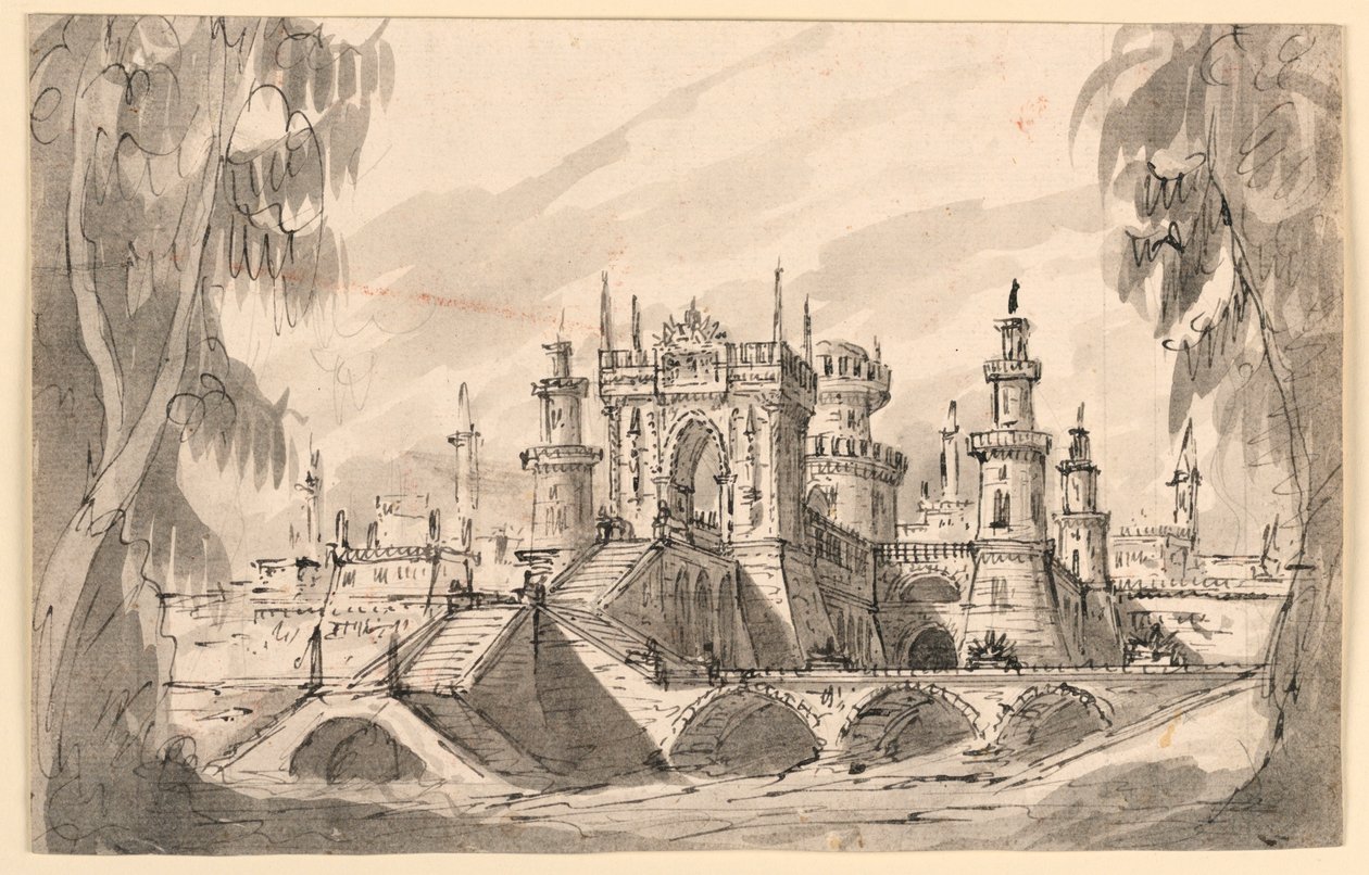 Bühnenbild, Zitadelle an einem Fluss von Giuseppino Galliari
