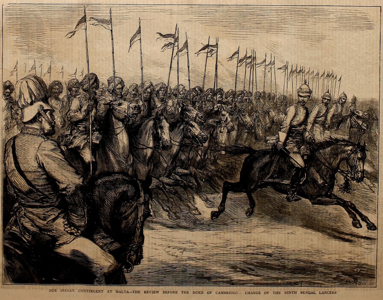 Unser indisches Kontingent in Malta, die Parade vor dem Herzog von Cambridge, Angriff der neunten Bengalischen Lanzenreiter von Godefroy Durand