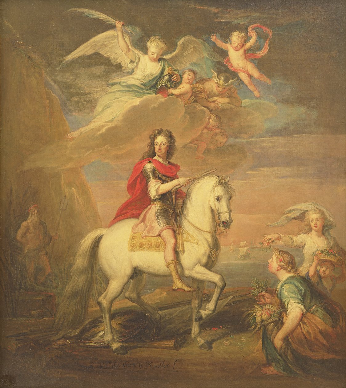 Wilhelm III. auf einem grauen Pferd, beobachtet von Neptun, Ceres und Flora. Merkur im Himmel und Astrea von Godfrey Kneller