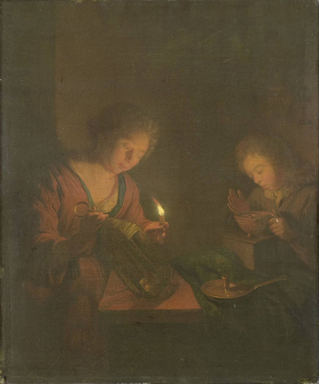 Feuer und Licht (Ein Mädchen stellt eine Kerze in eine Laterne und ein Junge bläst auf die Kohlen in einem Kohlenbecken) von Godfried Schalcken (attributed to)