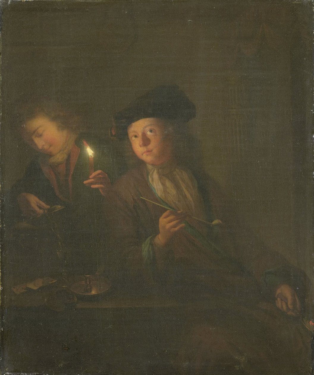 Der Raucher (Ein Mann mit einer Pfeife und ein Mann, der ein Getränk in ein Glas gießt) von Godfried Schalcken (attributed to)