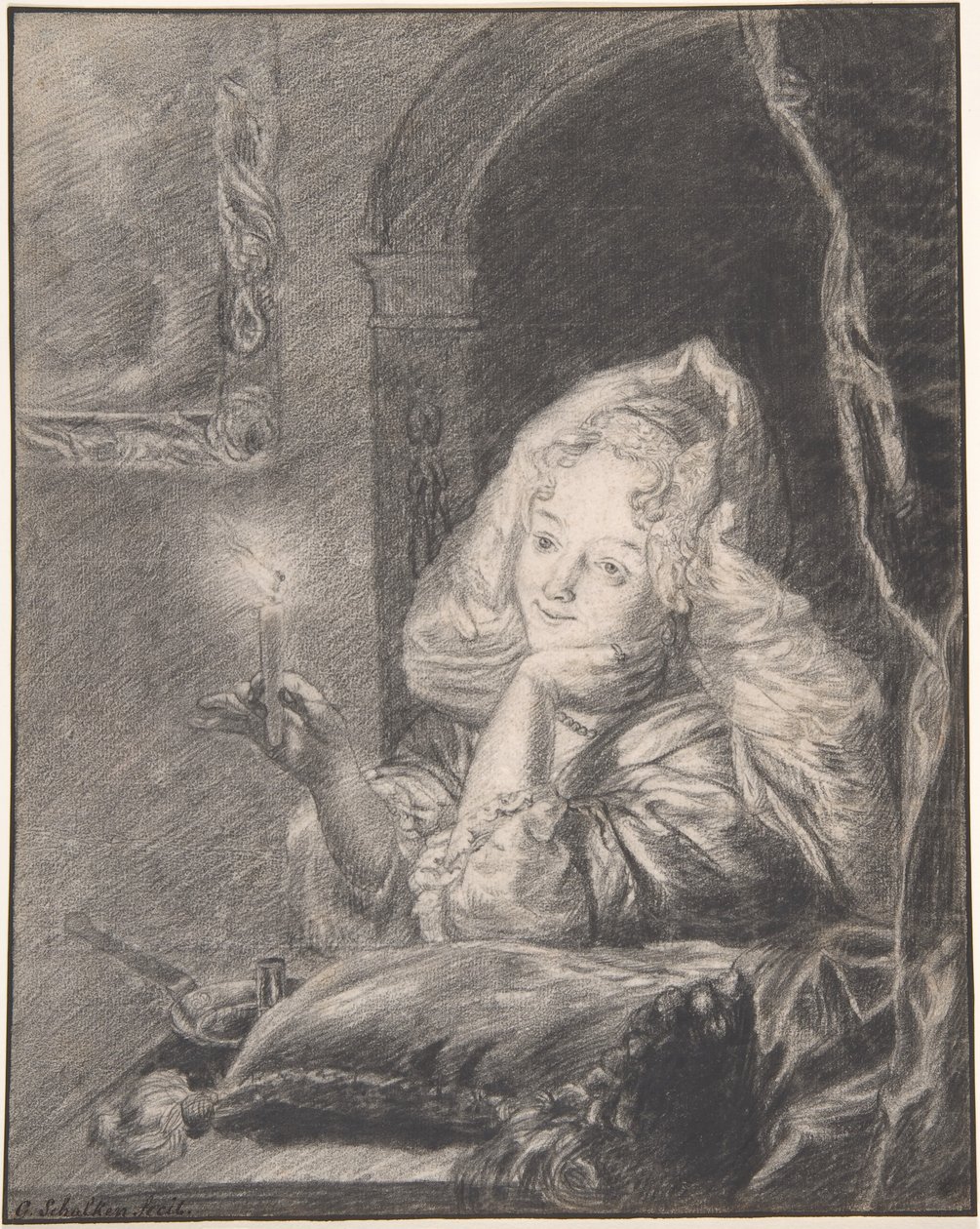 Junge Frau, die an einem Tisch sitzt und eine Kerze hält von Godfried Schalcken
