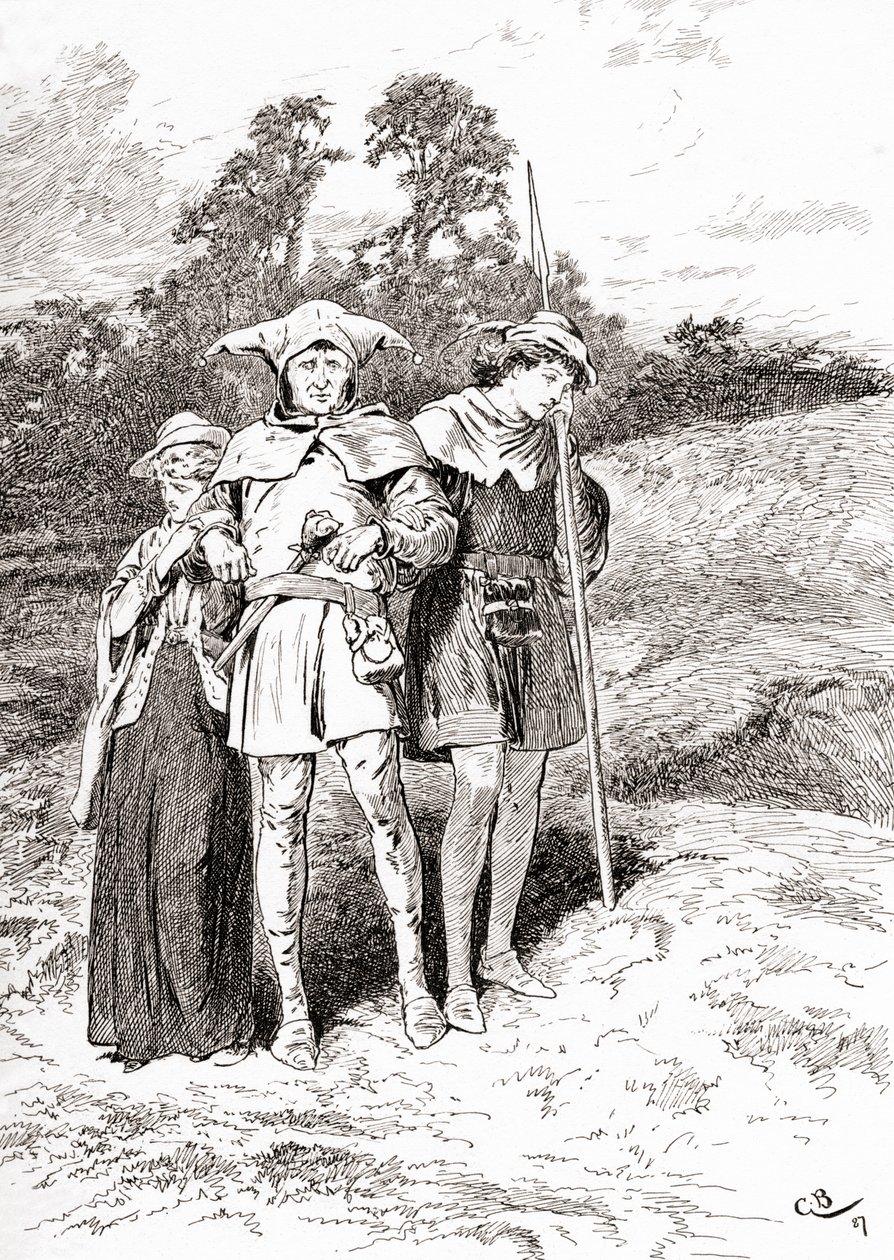 Szene aus William Shakespeares Stück Wie es euch gefällt, Akt II, Szene 4, Touchstone: Ja, jetzt bin ich in Arden, der größere Narr bin ich, aus Die Werke von William Shakespeare, veröffentlicht 1896 von Gordon Frederick Browne