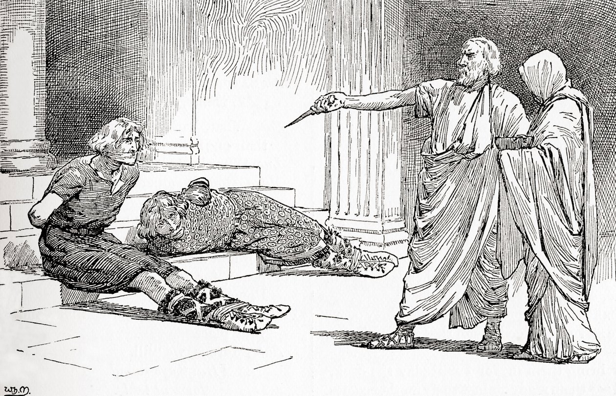 Eine Szene aus William Shakespeares Stück Titus Andronicus, Akt V, Szene 2, Titus: Komm, komm, Lavinia, schau, deine Feinde sind gebunden von Gordon Frederick Browne