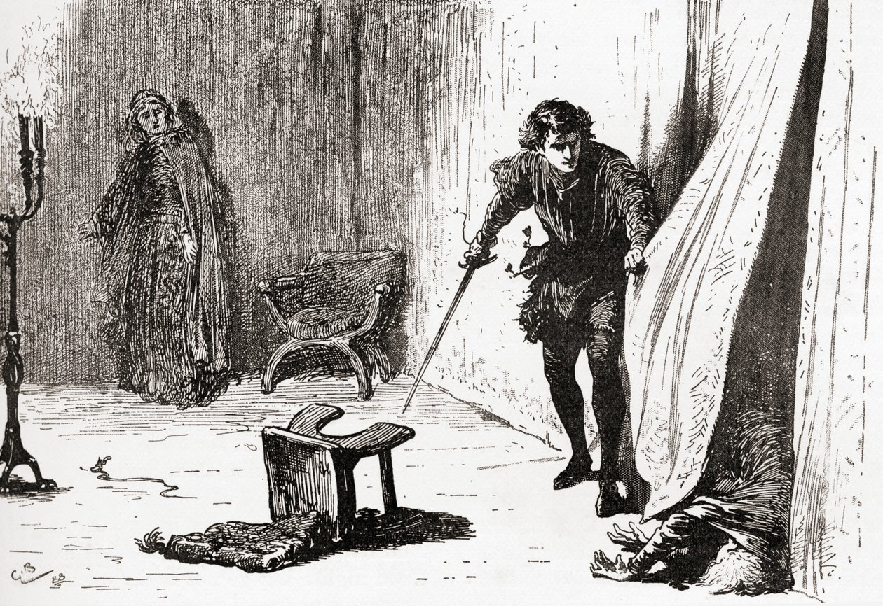 Szene aus William Shakespeares Stück Hamlet, Akt III, Szene 4, Hamlet: Du elender, ungestümer, eindringender Narr, leb wohl! Ich hielt dich für besser, aus Die Werke von William Shakespeare, veröffentlicht 1896 von Gordon Frederick Browne