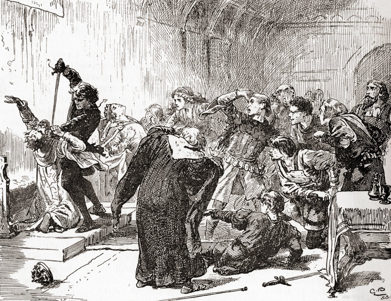 Szene aus William Shakespeares Stück Hamlet, Akt V, Szene 2, Hamlet: Die Spitze ist vergiftet! Dann, Gift, an die Arbeit. (Er sticht den König), aus Die Werke von William Shakespeare, veröffentlicht 1896 von Gordon Frederick Browne
