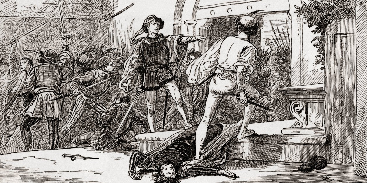 Tybalt von Romeo getötet, Szene aus William Shakespeares Romeo und Julia, Akt III, Szene 1, aus Die Werke von William Shakespeare, veröffentlicht 1896 von Gordon Frederick Browne