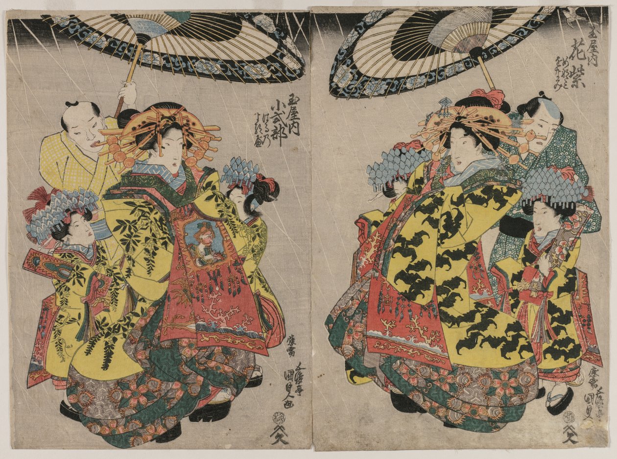 Die Kurtisanen Hanamurasaki und Koshikibu von Tamaya, spazierend im Regen, ca. frühe 1830er Jahre von Gototei Kunisada