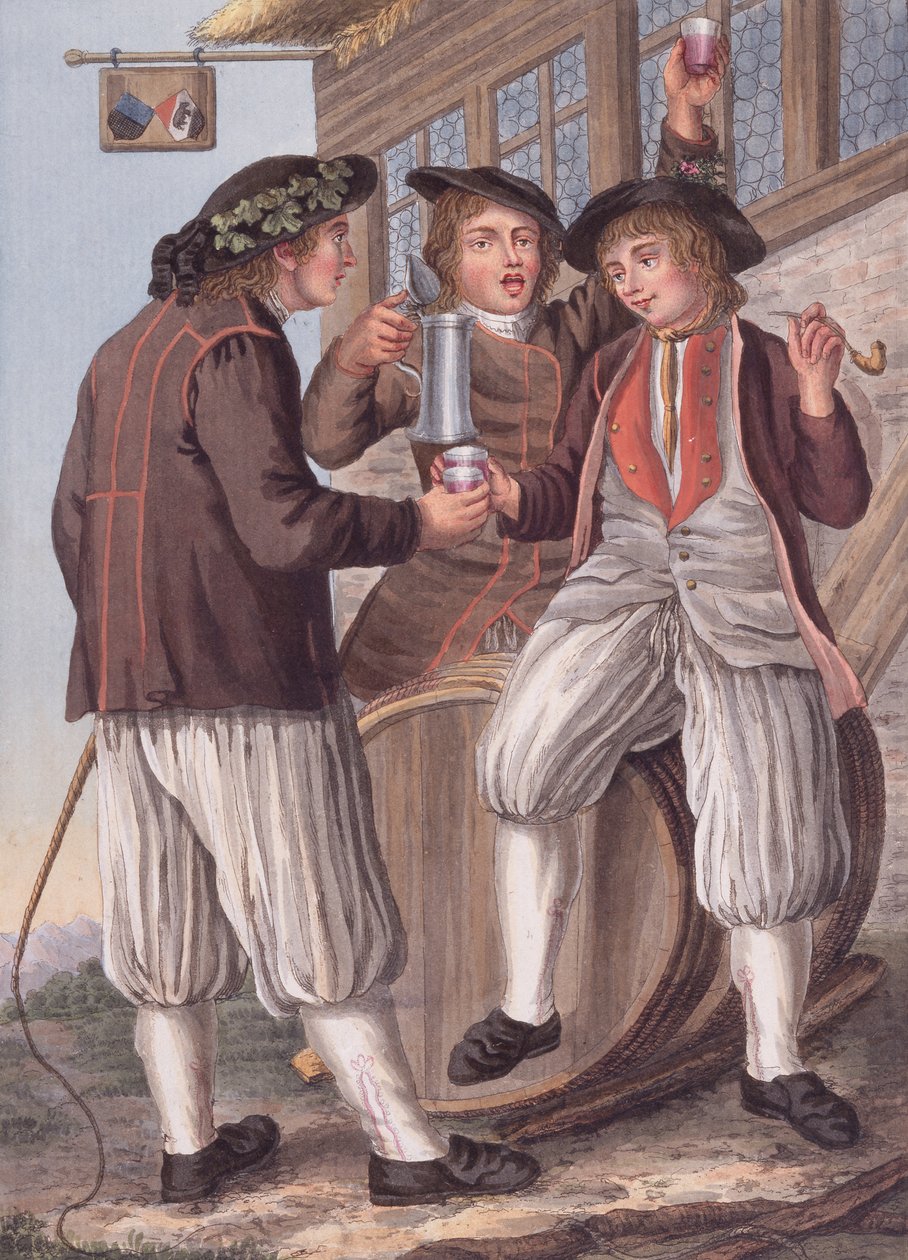 Die drei Bacchus, Bauern in der Tracht der Stadt Morat, Schweiz von Gottfried (after) Locher