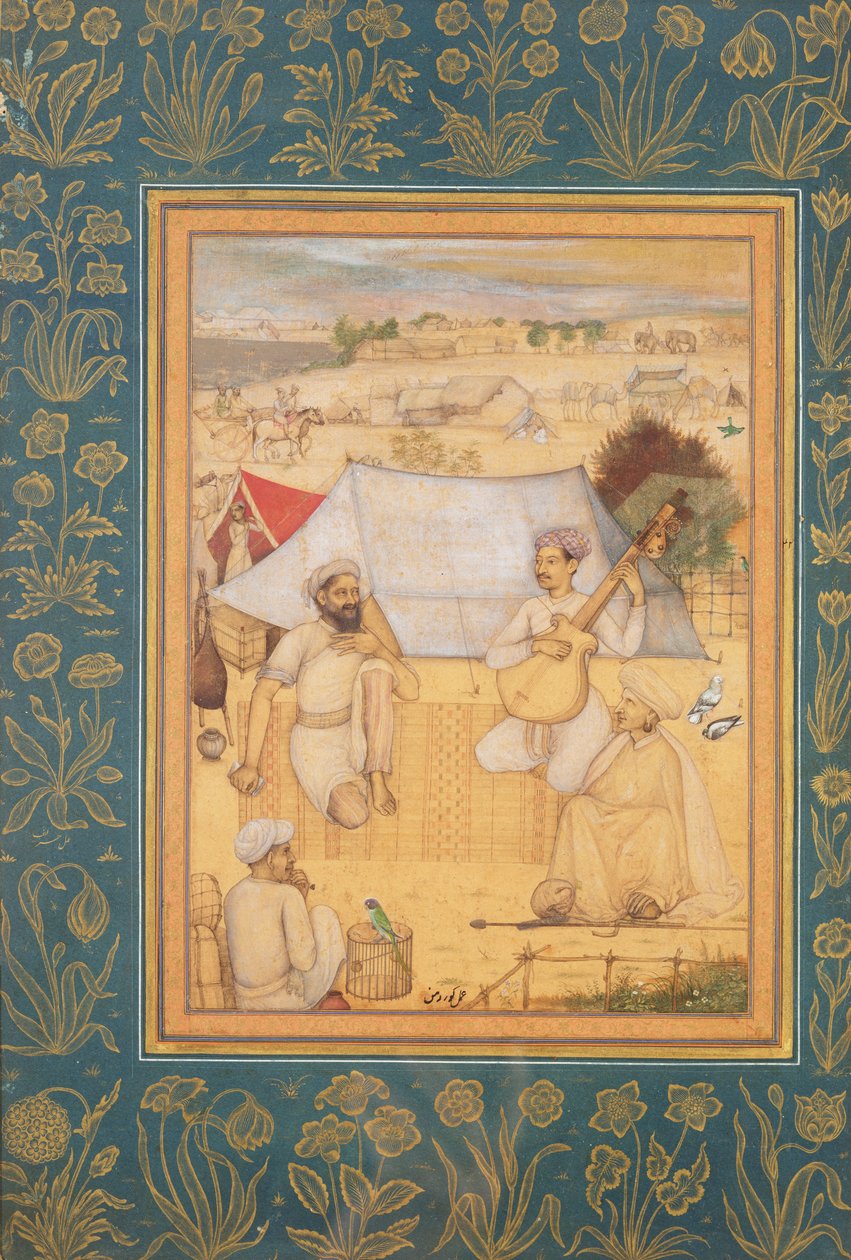 Musiker und Sänger knien am Rande eines Mogullagers. Ein Yogi und ein Diener hören ihnen zu, aus dem Minto-Album, ca. 1630 von Govardhan
