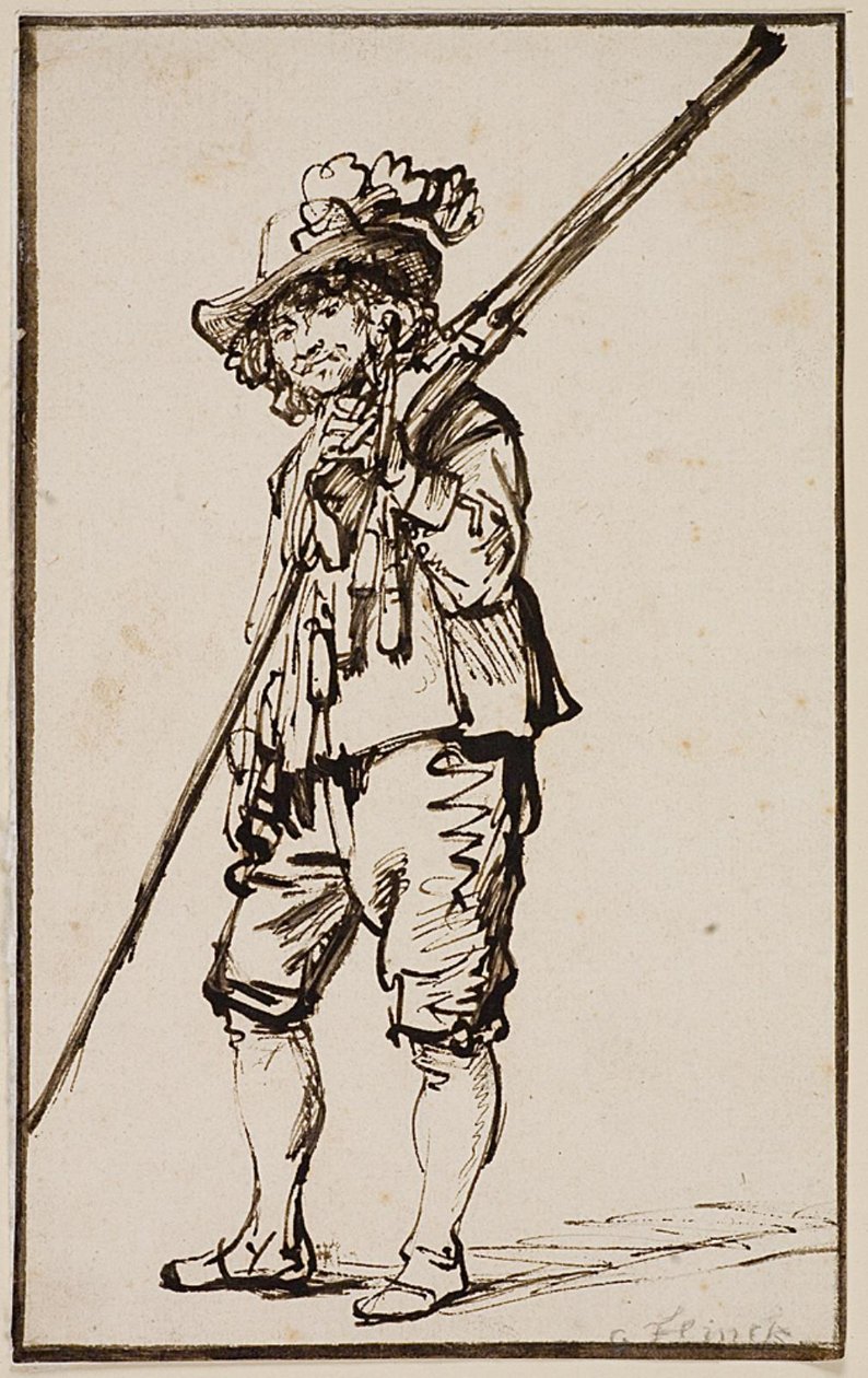 Ein stehender Soldat mit einer Muskete über der Schulter von Govert Flinck