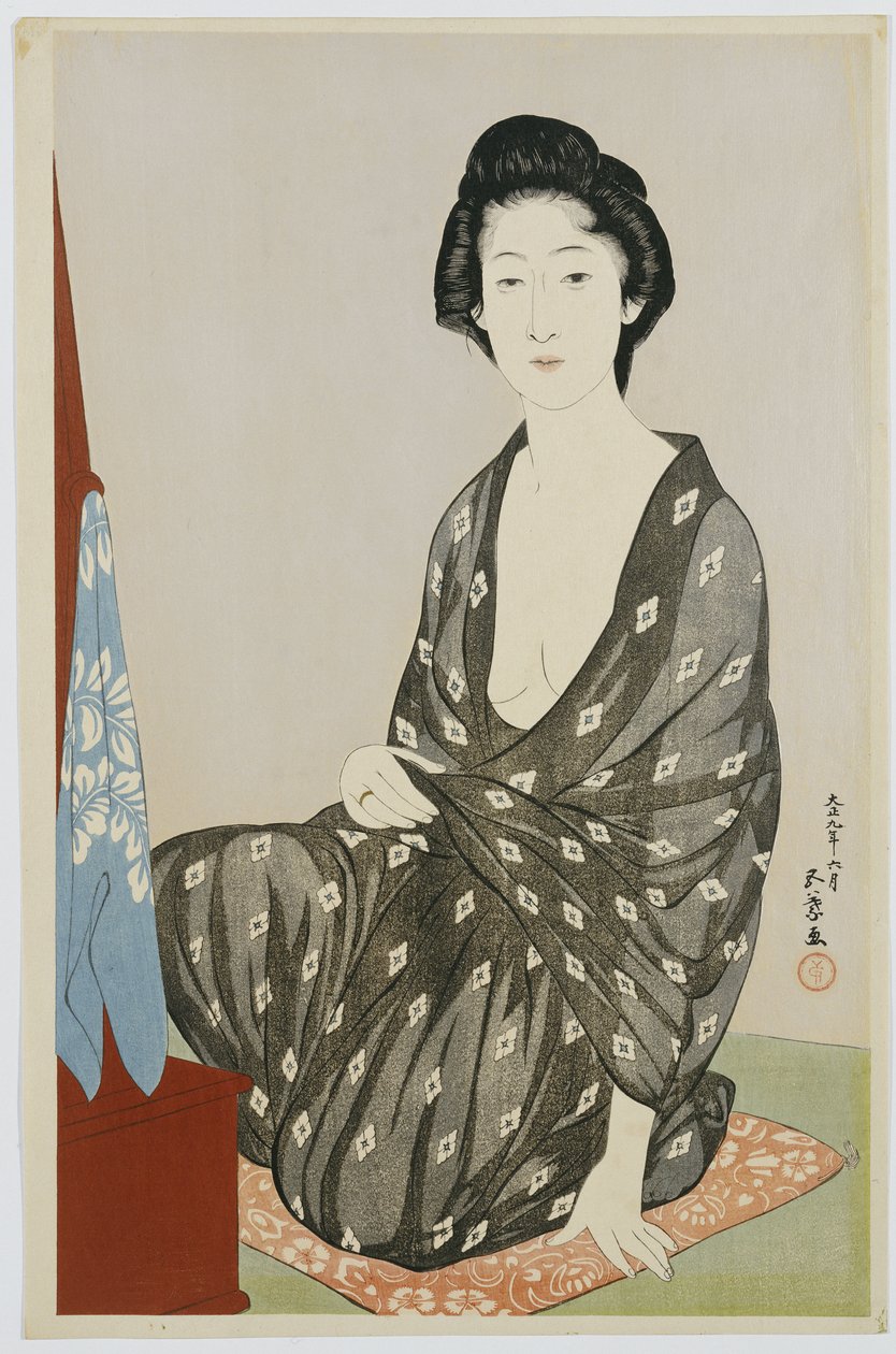 Eine Schönheit in einem schwarzen Kimono mit weißen Hanabishi-Mustern, vor einem Spiegel sitzend, 1920 von Goyo Hashiguchi