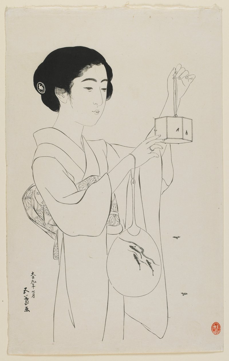 Frau mit einem Glühwürmchenkäfig, Taisho-Ära, Juli 1920 von Goyo Hashiguchi