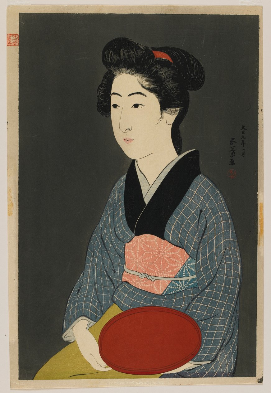 Frau mit einem Tablett, Taisho-Ära, Januar 1920 von Goyo Hashiguchi