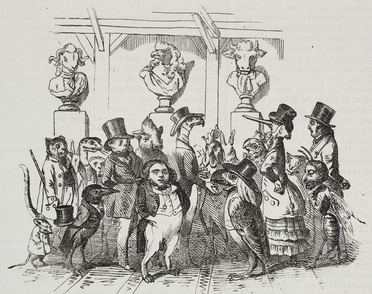 Ausgang aus dem Theater, Karikatur von Jean-Jacques Grandville, Lithographie von Giovanni Mariani aus Poliorama Pittoresco, Nr. 39, 7. Mai von Grandville