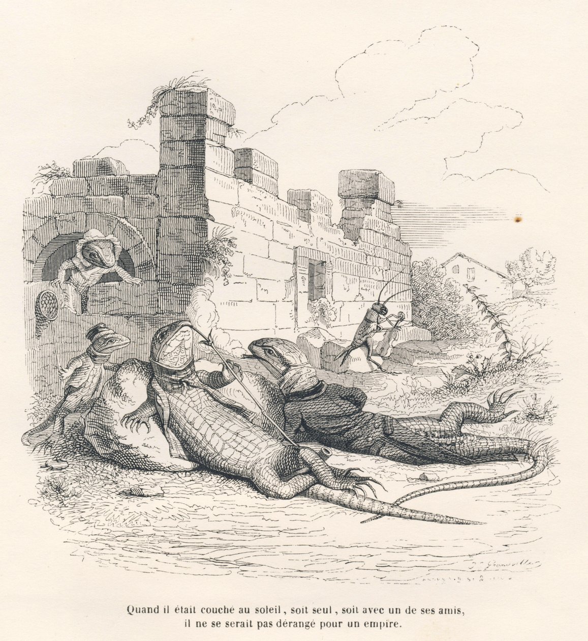 Eidechse raucht in der Sonne mit einem ihrer Freunde. Illustrierte Vignetten von JJ Granville. Gravur signiert Andrew, Best und Leloir im Teil "Erinnerungen einer alten Krähe" geschrieben von PJ Stahl in "Szenen aus dem privaten und öffentlichen Leben der  von Grandville