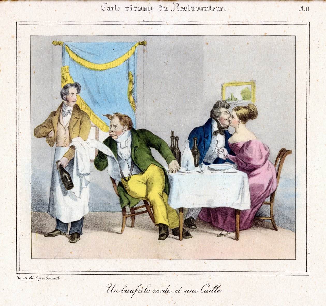Die lebende Karte des Restaurateurs: Ein modisches Rindfleisch und eine Wachtel von Grandville