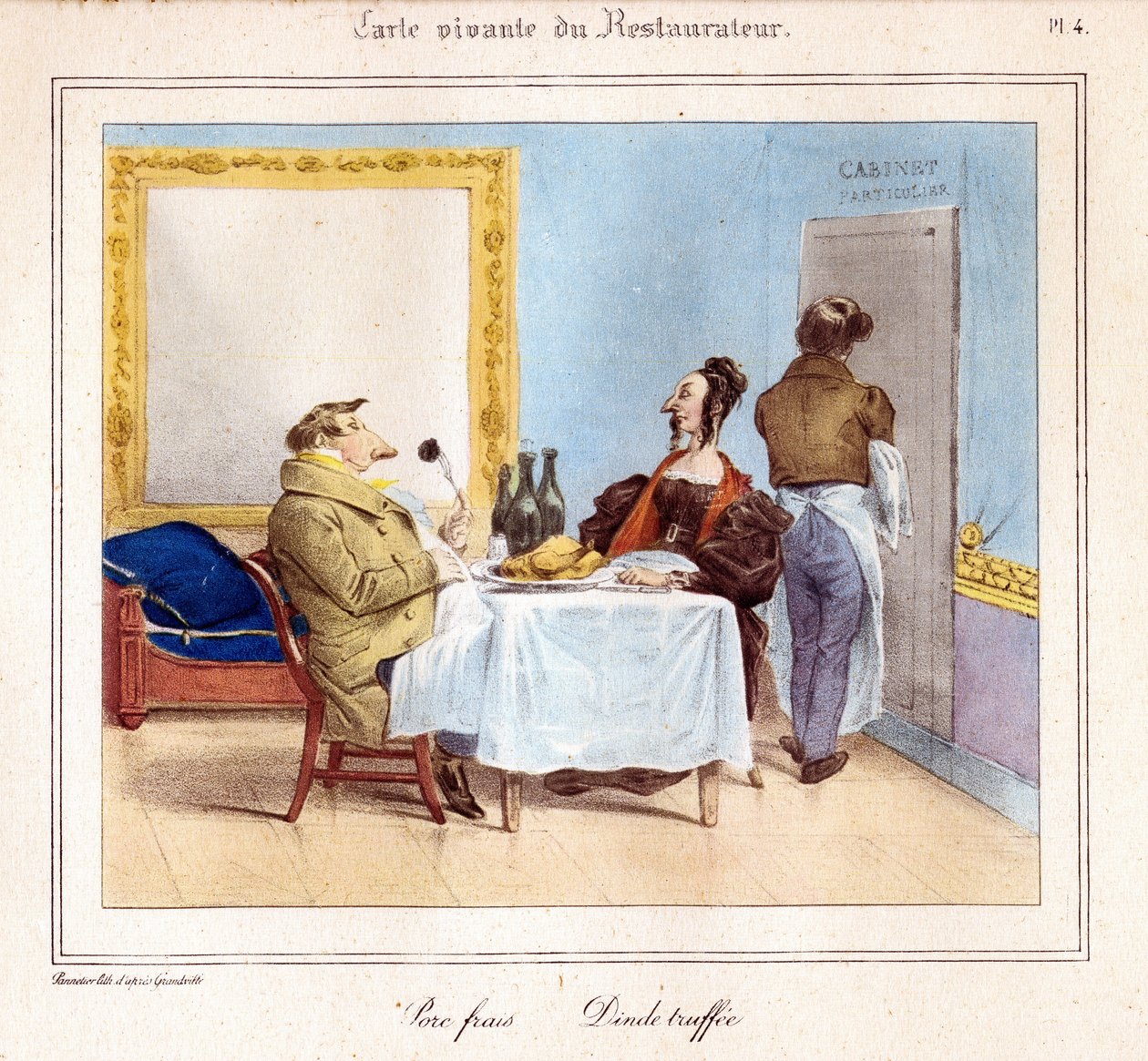 Die lebende Karte des Restaurateurs: Frisches Schweinefleisch & Trüffel-Truthahn. 1831-32 (Lithografie) von Grandville