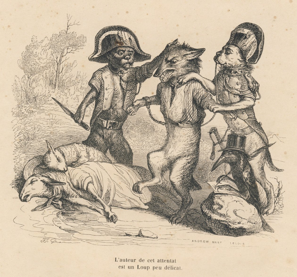 Verhaftung eines Wolfes nach dem Töten von zwei Schafen. Gravur signiert Andrew, Best und Leloir in "Cour criminelle de justice animale" von Emile de La Bedolliere in "Scenes de la vie privee et publique des animaux" von Grandville