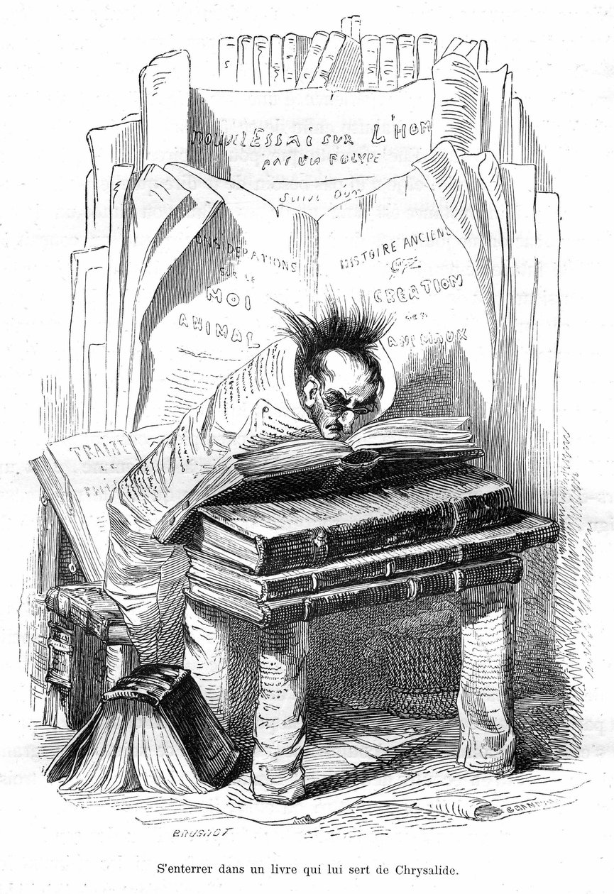 Karikatur: Chrysalid eines Gelehrten, der in den Büchern einer Bibliothek begraben ist - Grandville-Gravur, aus dem Buch Privat- und öffentliches Leben der Tiere, Hetzel-Ausgabe 1867 von Grandville (1803 47)