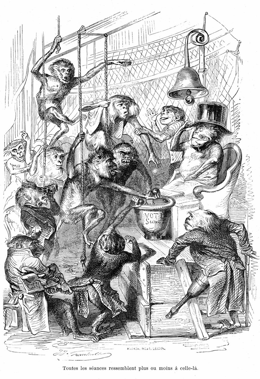 Karikatur: Die Abgeordnetenkammer als Affenpalast - Gravur von Grandville, aus dem Buch Privat- und öffentliches Leben der Tiere, Hetzel-Ausgabe 1867 von Grandville (1803 47)