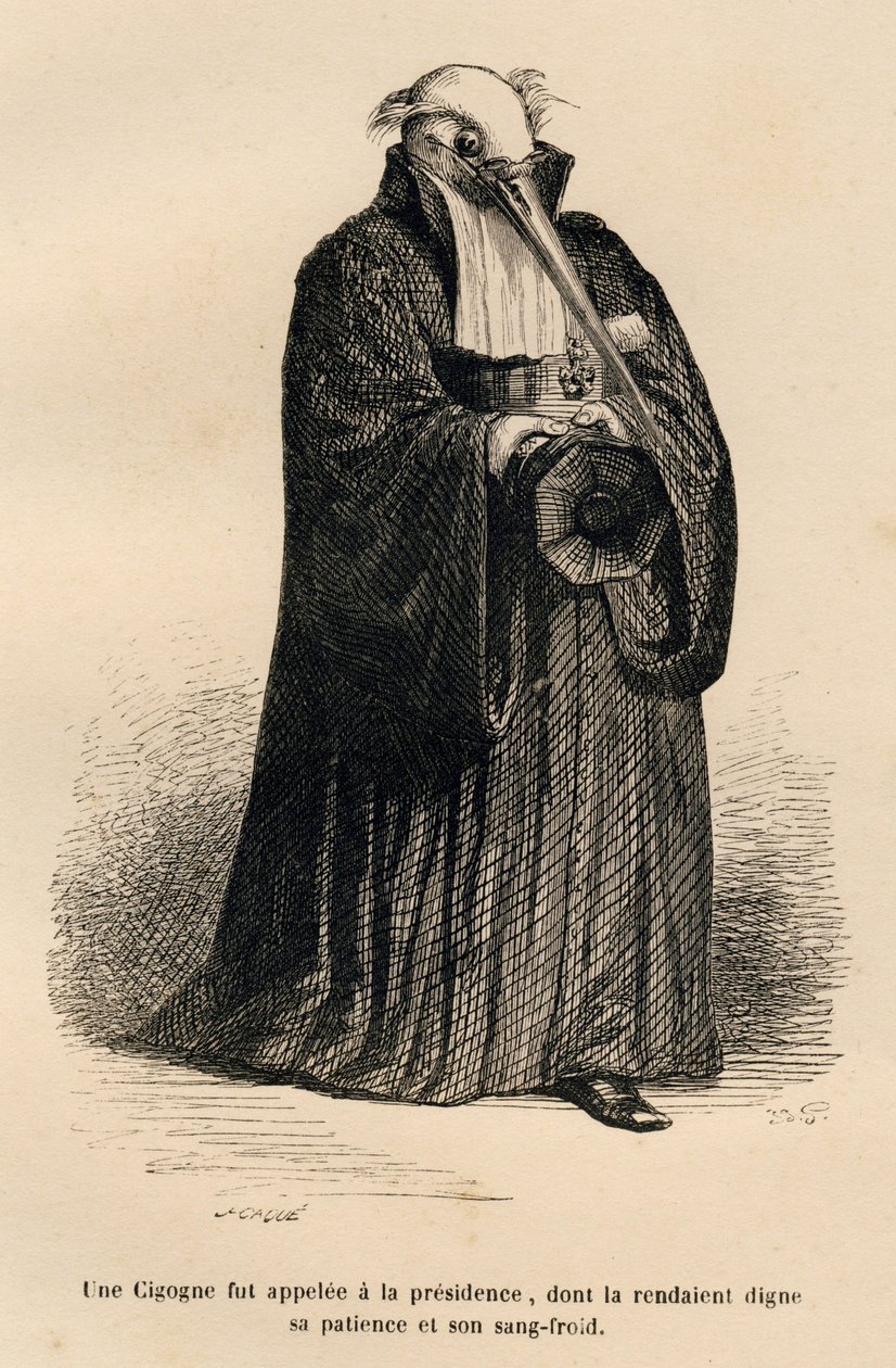 Storch als Richter. Gravur signiert Caque in "Cour criminelle de justice animale" von Emile de La Bedolliere in "Scenes de la vie privee et publique des animaux". Paris, J. Hetzel et Paulin von Grandville