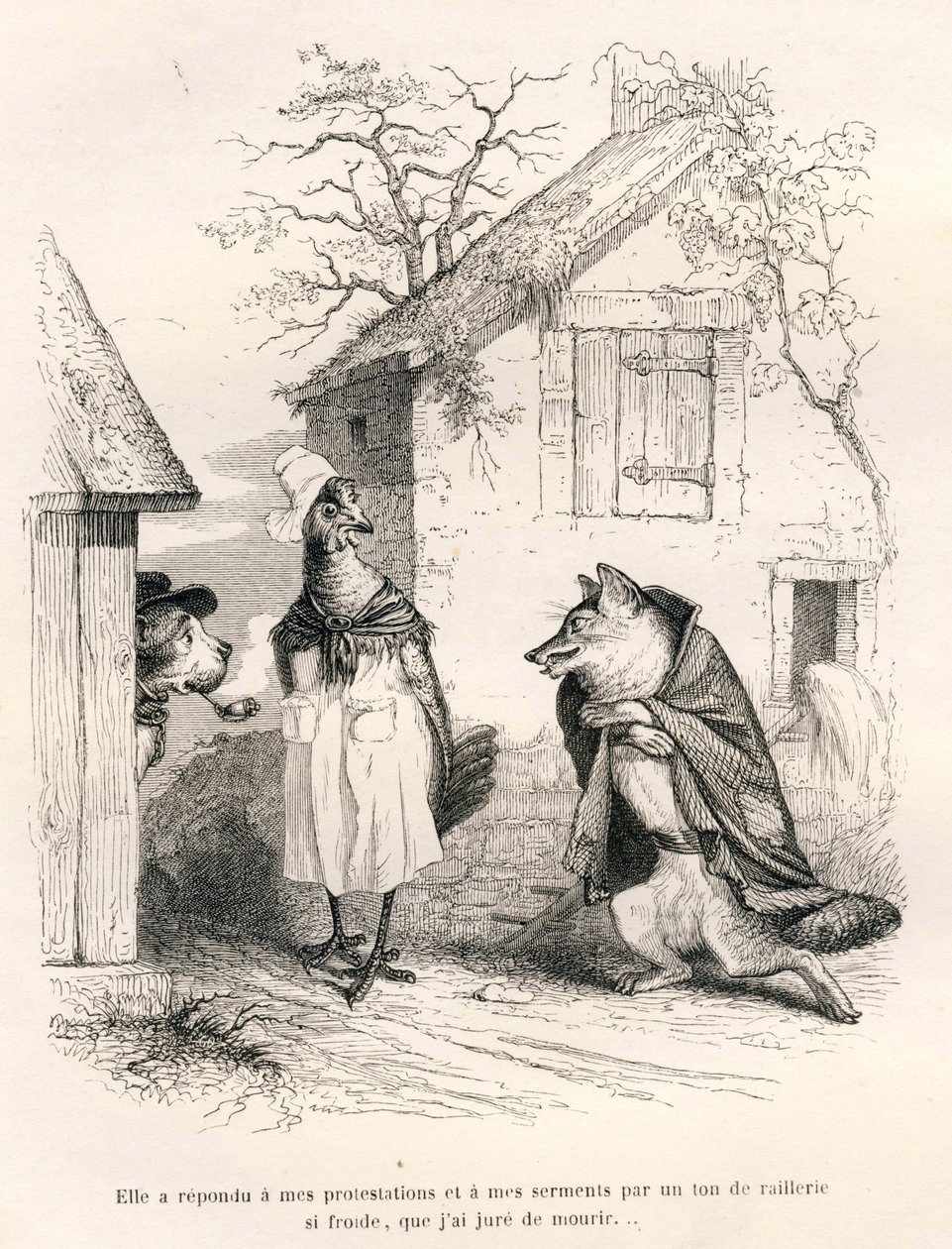 Gespräch zwischen einem Hund, einem Huhn und einem Fuchs. Vignetten illustriert von JJ Granville. Gravur signiert Godard im Teil "Ein Fuchs in der Falle" geschrieben von Charles Nodier in "Szenen aus dem privaten und öffentlichen Leben der Tiere". Paris, J von Grandville