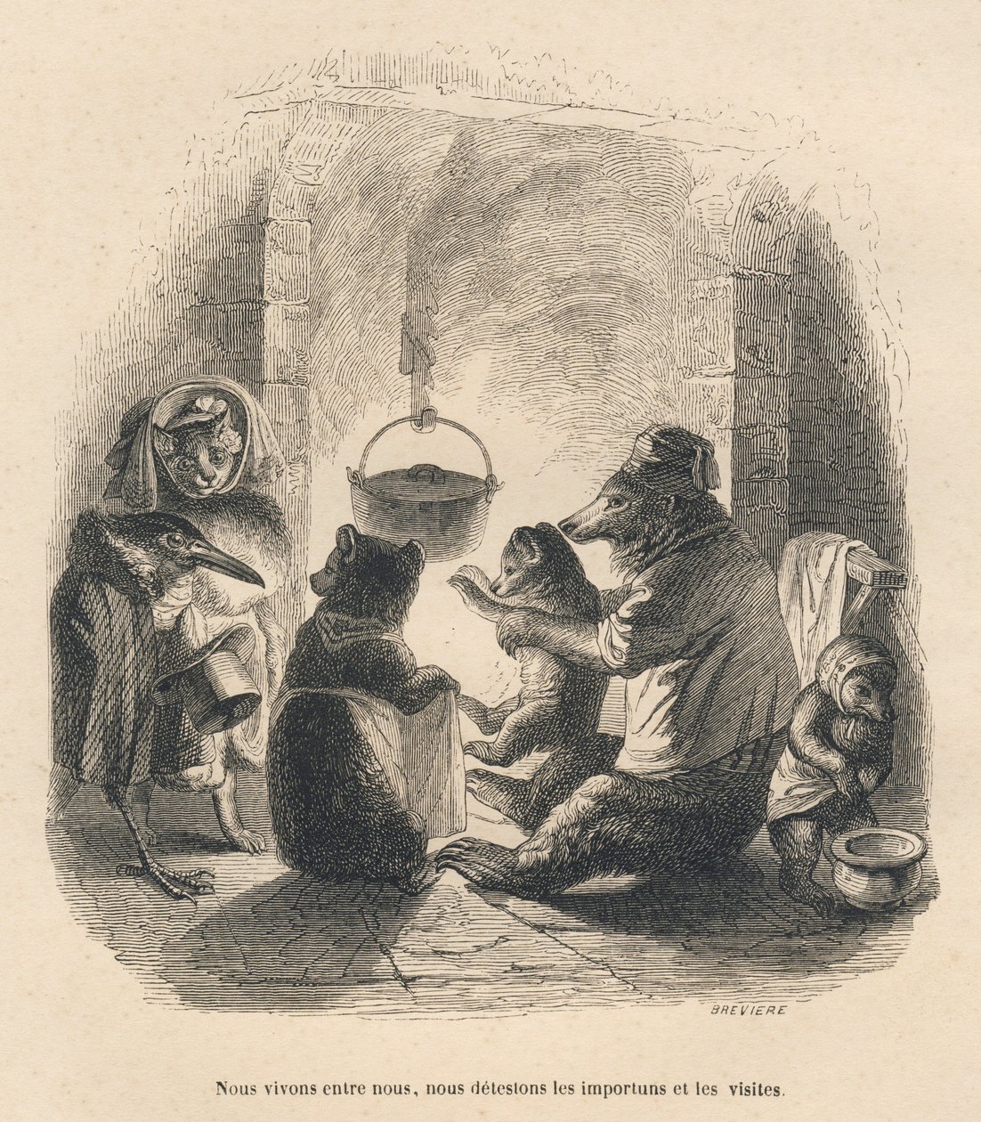 Zwei Besucher stören die Bärenfamilie, die vor dem Kamin sitzt, an dem ein Topf hängt. Vignetten illustriert von JJ Granville. Gravur signiert Breviere in dem Teil "Der Bär oder Brief" von Grandville