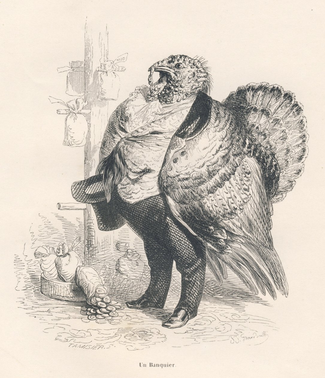 Truthahn als Banker. Illustrierte Vignetten von JJ Granville. Gravur signiert Tamisier im Teil "Erinnerungen einer alten Krähe" geschrieben von PJ Stahl in "Szenen aus dem privaten und öffentlichen Leben der Tiere". Paris, J. Hetzel et Paulin von Grandville