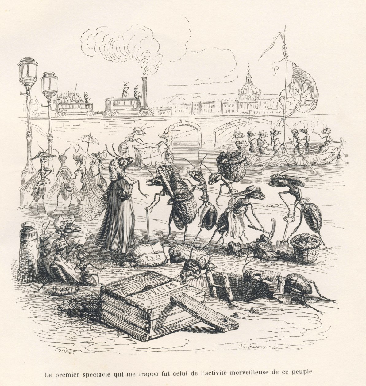 Ameisen in voller Aktivität an den Ufern der Seine. Vignetten illustriert von JJ Granville. Gravur signiert von Porret im Teil "Reise eines Spatzen aus Paris" geschrieben von George Sand in "Szenen aus dem privaten und öffentlichen Leben der Tiere". Paris, von Grandville