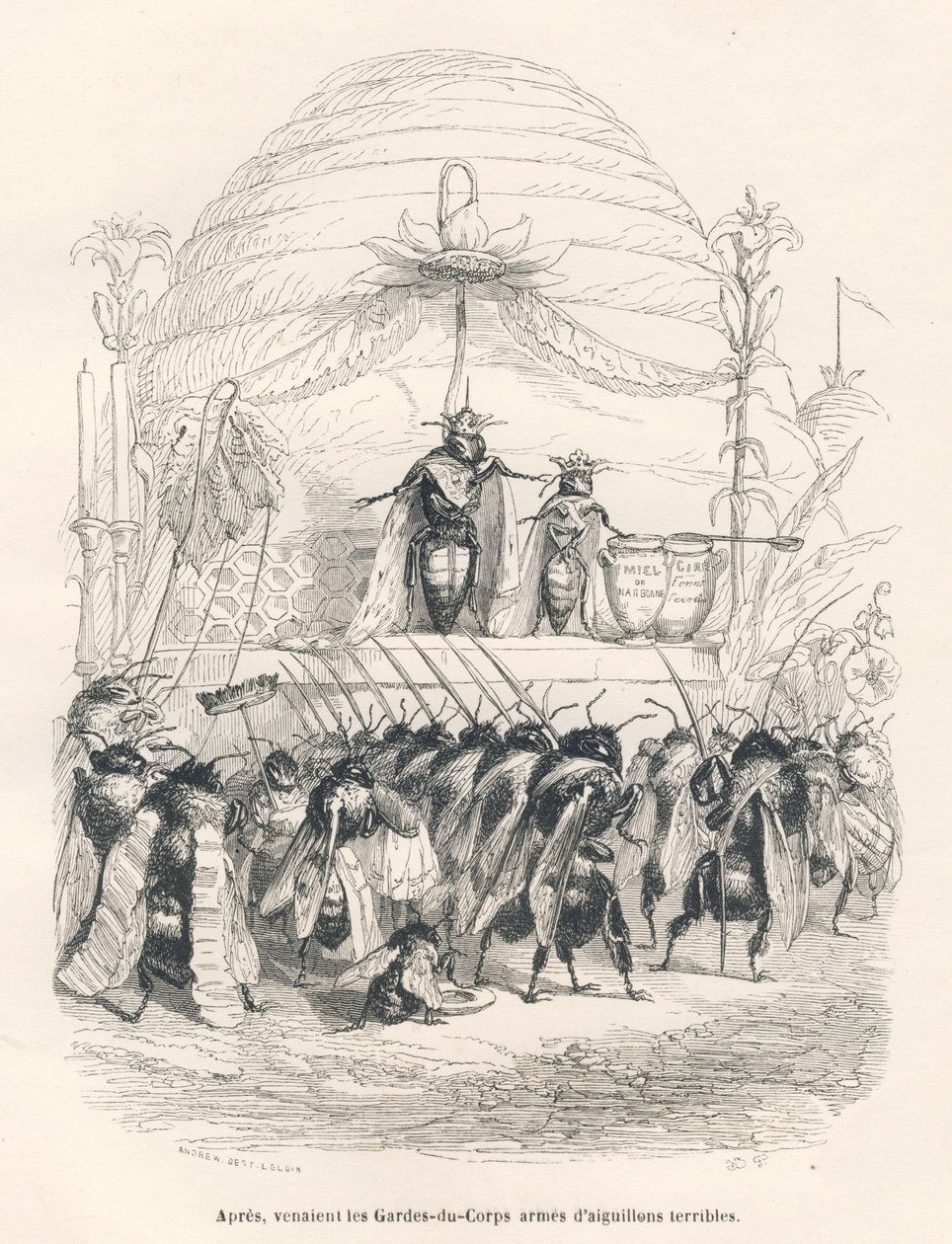 Die Königin der Bienen und ihre Armee. Vignetten illustriert von JJ Granville. Gravur signiert Andrew, Best und Leloir im Teil "Reise eines Spatzen aus Paris" geschrieben von George Sand in "Szenen aus dem privaten und öffentlichen Leben der Tiere". Paris, von Grandville