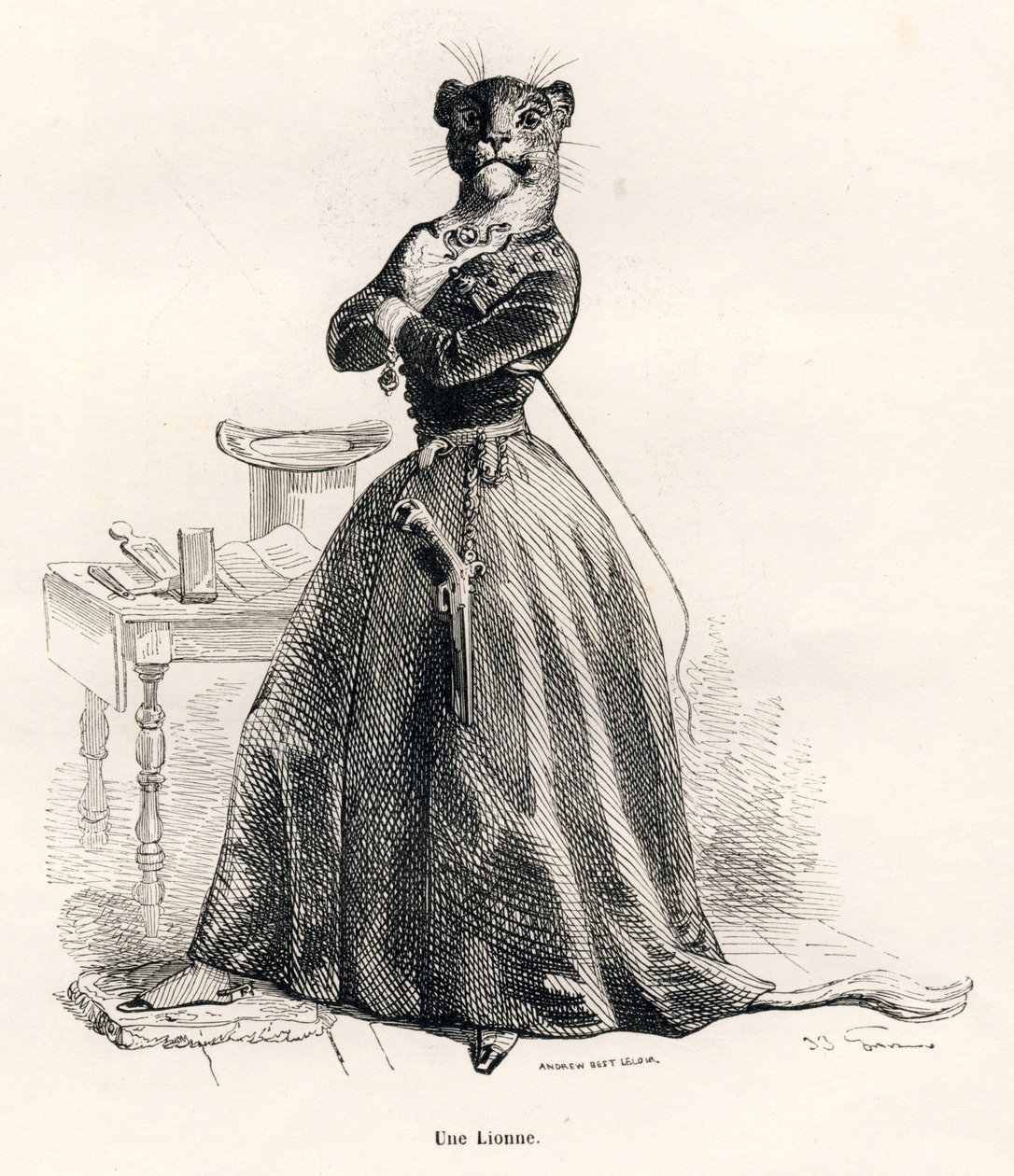 Löwin mit einer Pistole und einer Peitsche. Vignetten illustriert von JJ Granville. Gravur signiert von Andrew, Best und Leloir im Teil "Reise eines Löwen aus Afrika nach Paris" geschrieben von Honoré de Balzac in "Szenen aus dem privaten und öffentlichen  von Grandville