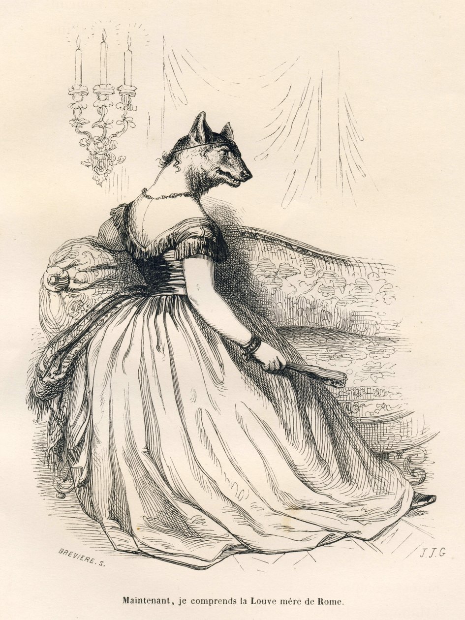 Wölfin, sitzend in einem Sessel. Vignetten illustriert von JJ Granville. Gravur signiert Breviere im Teil "Reise eines Spatzen aus Paris" geschrieben von George Sand in "Szenen aus dem privaten und öffentlichen Leben der Tiere". Paris, J. Hetzel und Paulin von Grandville
