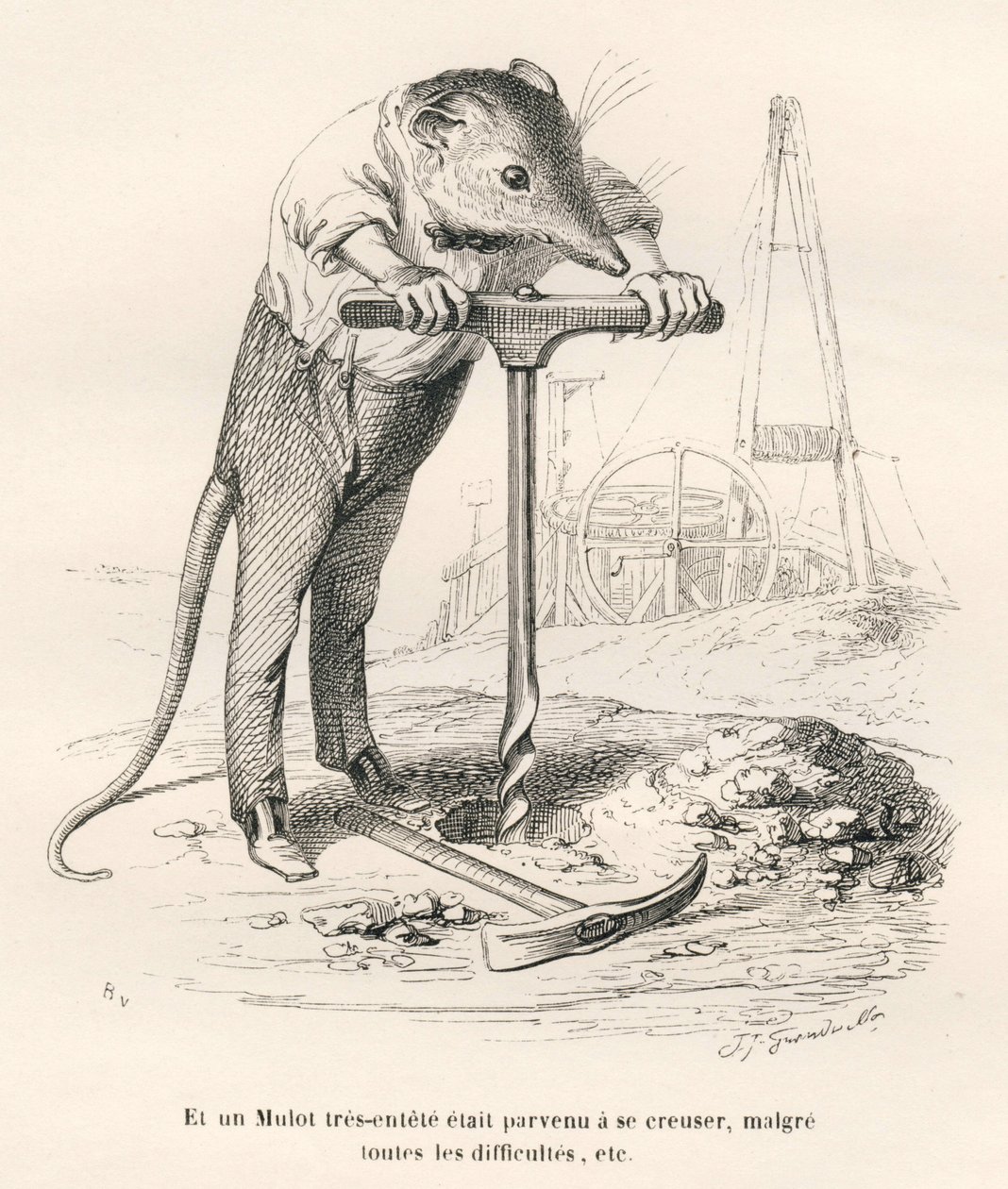 Maus durchbohrt den Boden. Vignetten illustriert von JJ Granville. Gravur signiert Breviere im Teil "Erinnerungen einer alten Krähe" geschrieben von PJ Stahl in "Szenen aus dem privaten und öffentlichen Leben der Tiere". Paris, J. Hetzel und Paulin von Grandville