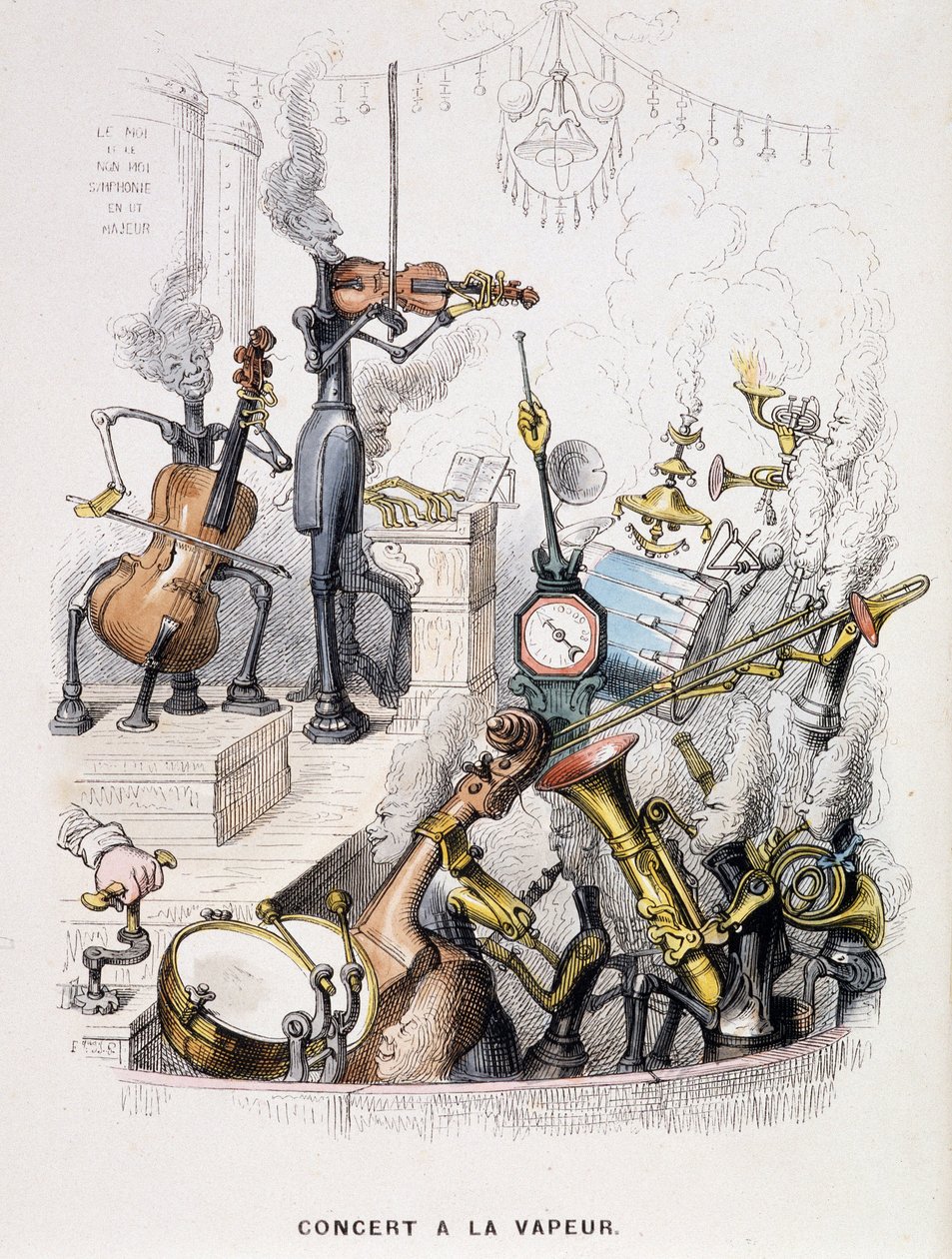 Musiker verwandelt in Maschinen und geben ein „Dampfkonzert“ - in „Eine andere Welt“ von Grandville, Ende des 19. Jahrhunderts von Grandville