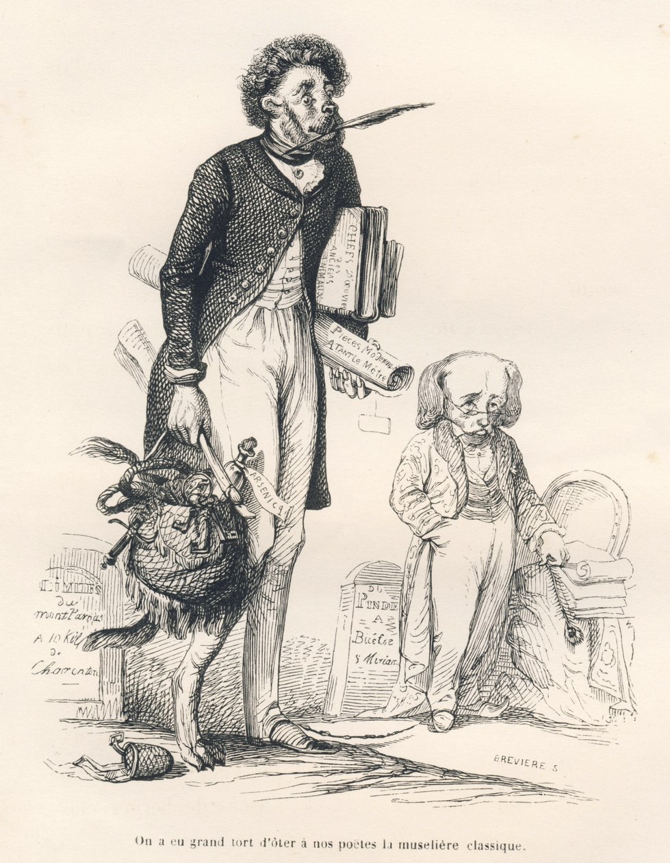 Es war ein großer Fehler, unseren Dichtern den klassischen Maulkorb zu nehmen. Illustrierte Vignetten von JJ Granville. Gravur signiert Breviere im Teil "Das erste Feuilleton von Pistolet" geschrieben von Jules Janin in "Szenen aus dem privaten und öffentl von Grandville