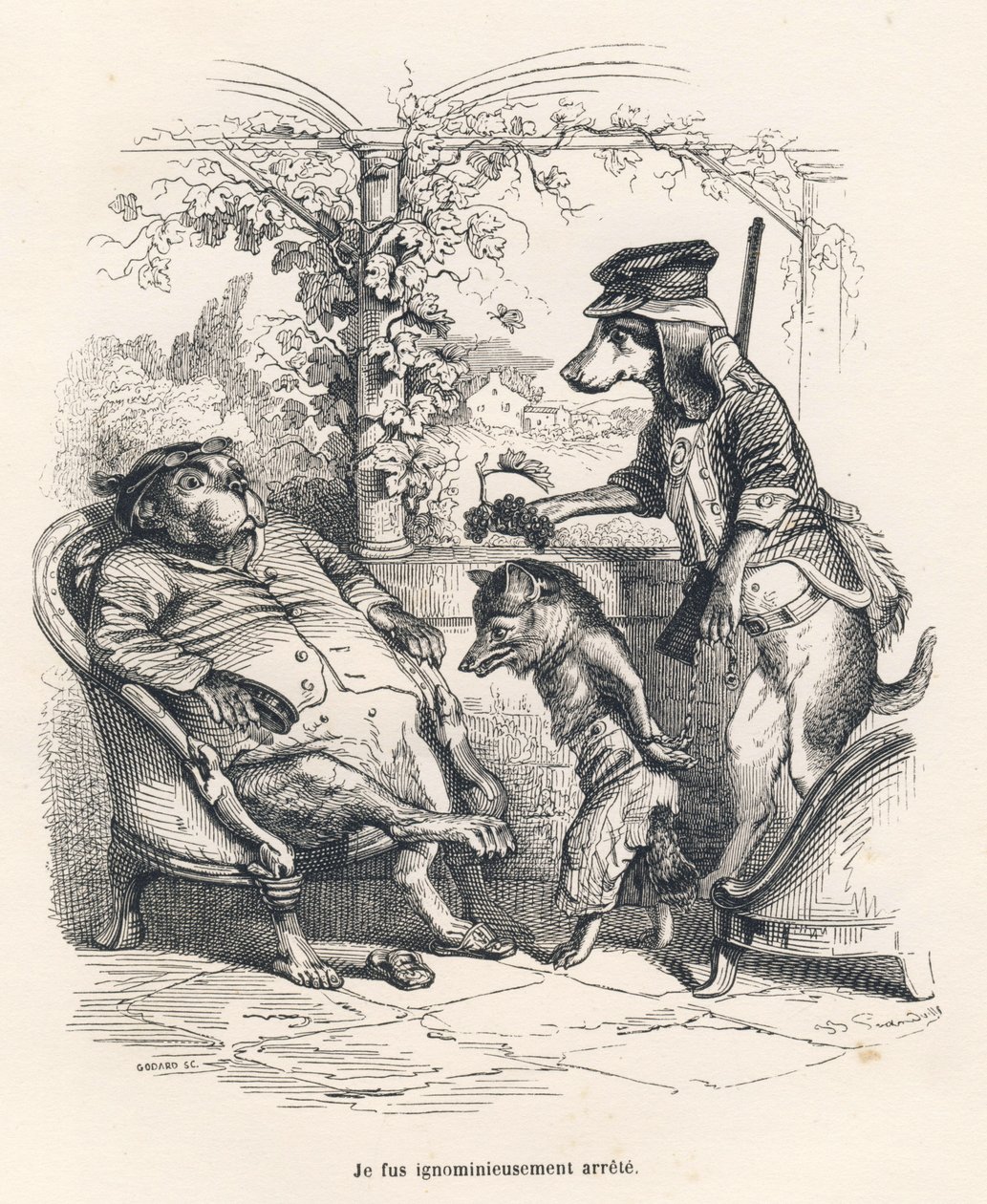 Fuchs von einem Hund verhaftet. Vignetten illustriert von JJ Granville. Gravur signiert von Godard im Teil "Ein Fuchs in der Falle" geschrieben von Charles Nodier in "Szenen aus dem privaten und öffentlichen Leben der Tiere". Paris, J. Hetzel und Paulin von Grandville